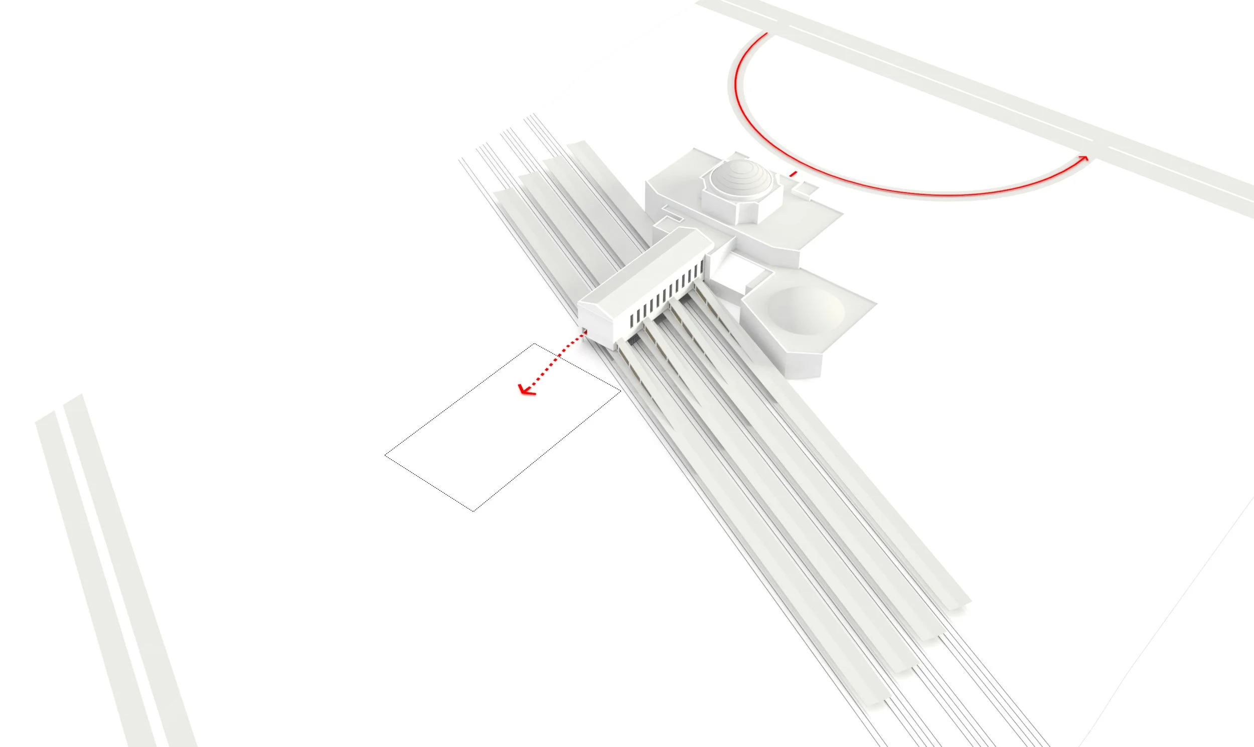 SIGHTING -
Locating the Events Center took queues from the axial alignment of the ticketing hall beneath the rotunda and the old waiting hall spanning the railroad tracks