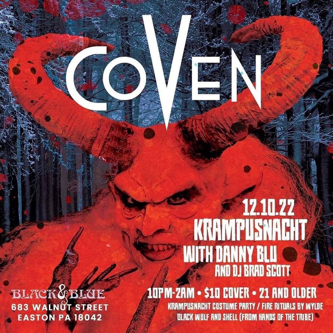 This Saturday 12/10 join @dannyblu at @covendarkwavedance for their Krampus celebration with @djbradfscott at @blacknblueeaston 

#dannyblu #covendarkwavedanceparty #shvdowmgmt #darkpop #industrialpop #gothpop