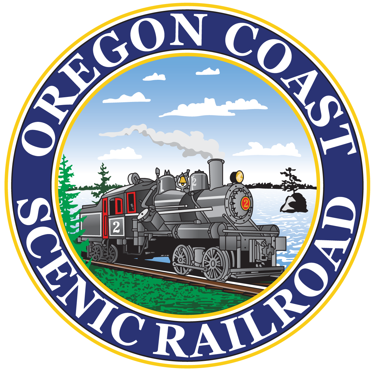 Seal of the Oregon Coast Scenic Railroad featuring a vintage steam locomotive moving through a natural landscape with water, trees, and clouds.
