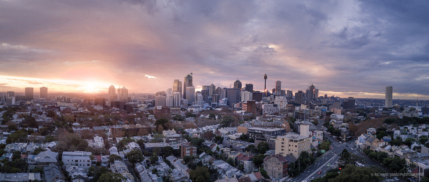pillow Suitable flood Aerial panorama with DJI Mavic Pro, Sydney skyline sunset — Richard Simko