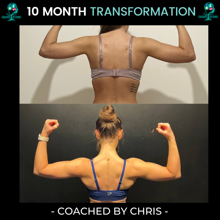 10-month fitness transformation comparison showing a woman's back in two images: the top image is before, and the bottom image is after the transformation, labeled 'Coached by Chris.'