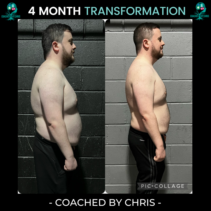 Side-by-side comparison of a person's physical transformation over four months, showing weight loss and muscle definition improvement, labeled 'Coached by Chris.'
