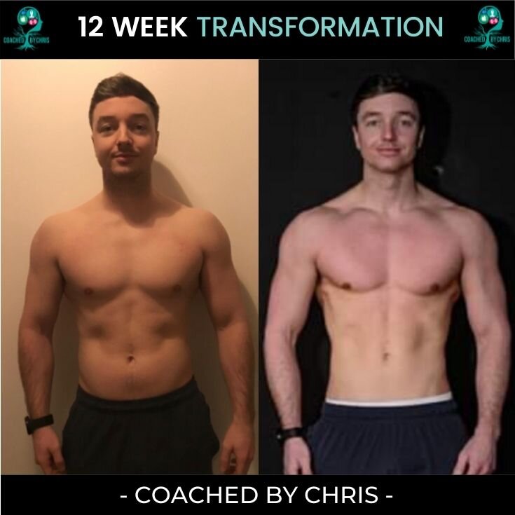 12-week body transformation before and after photo of a man coached by Chris, showing significant muscle gain and fat loss.