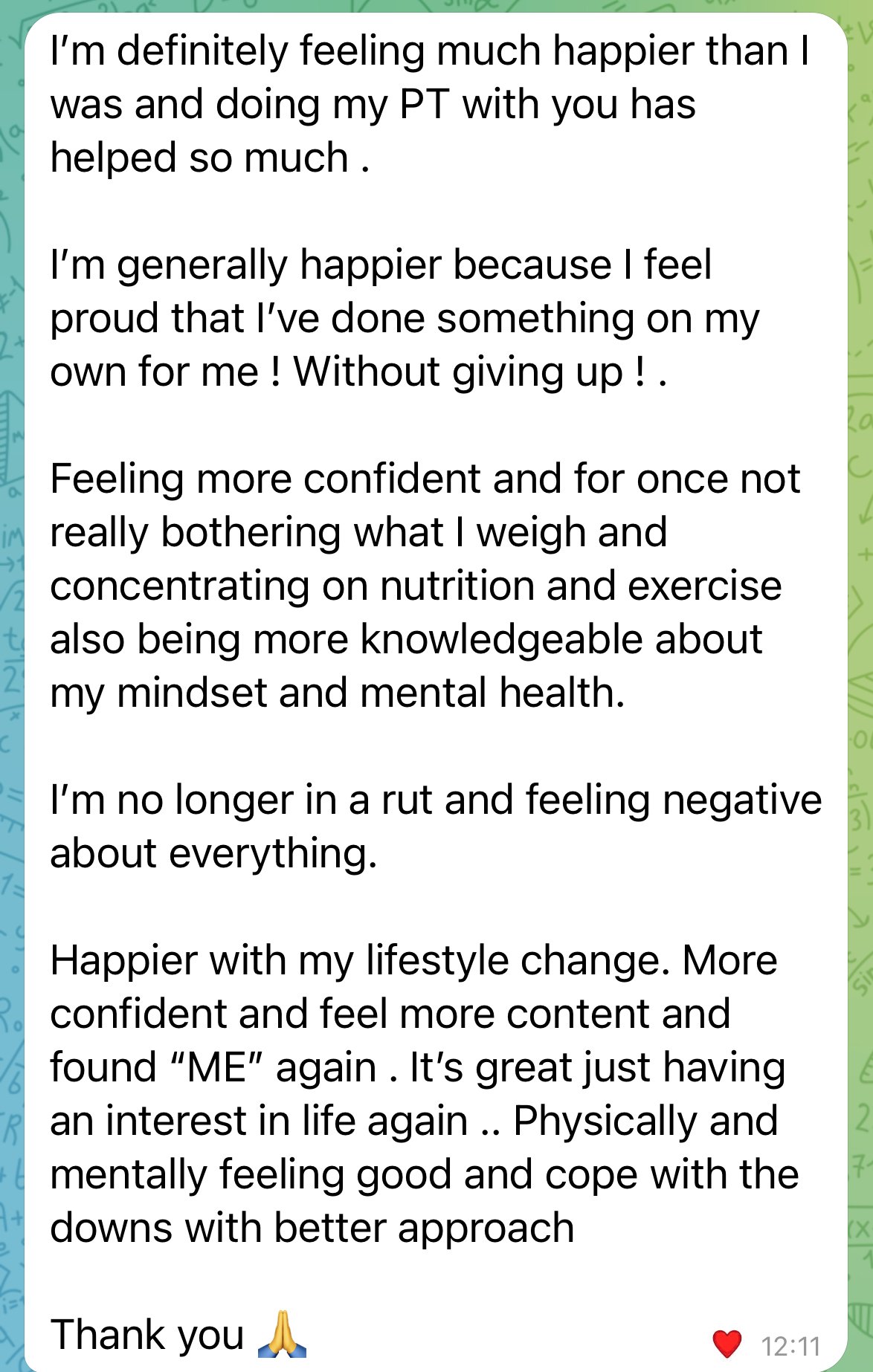 Text message expressing happiness about personal training, lifestyle changes, increased confidence, focus on nutrition and mental health. Ends with gratitude and prayer emoji.