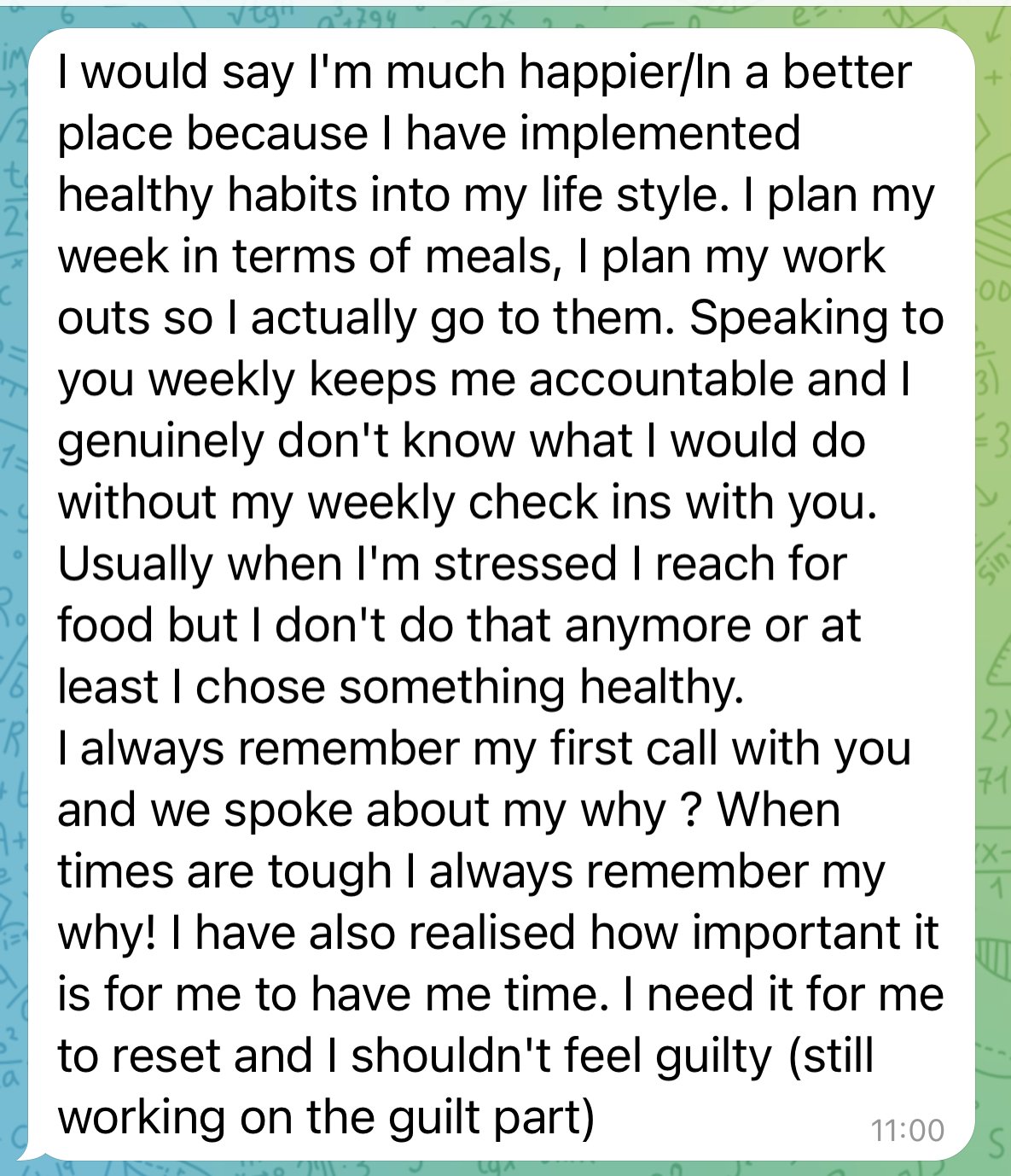 Text message about personal growth and lifestyle changes, discussing meal planning, exercise, accountability, stress management, and self-care.