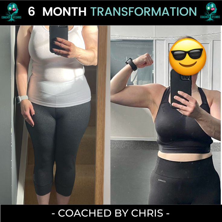 Side-by-side comparison of a person's fitness transformation over six months, showing changes in body composition, with details obscured by a sunglasses emoji on the right.