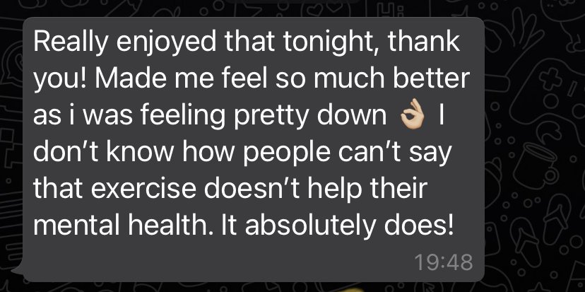 A screenshot of a text message expressing gratitude and positive feelings about exercise, stating it helps with mental health. Includes an OK hand emoji and a timestamp of 19:48.
