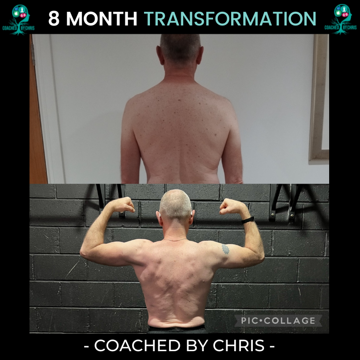 Before and after back transformation of a man over 8 months, with improved muscle definition, coached by Chris.