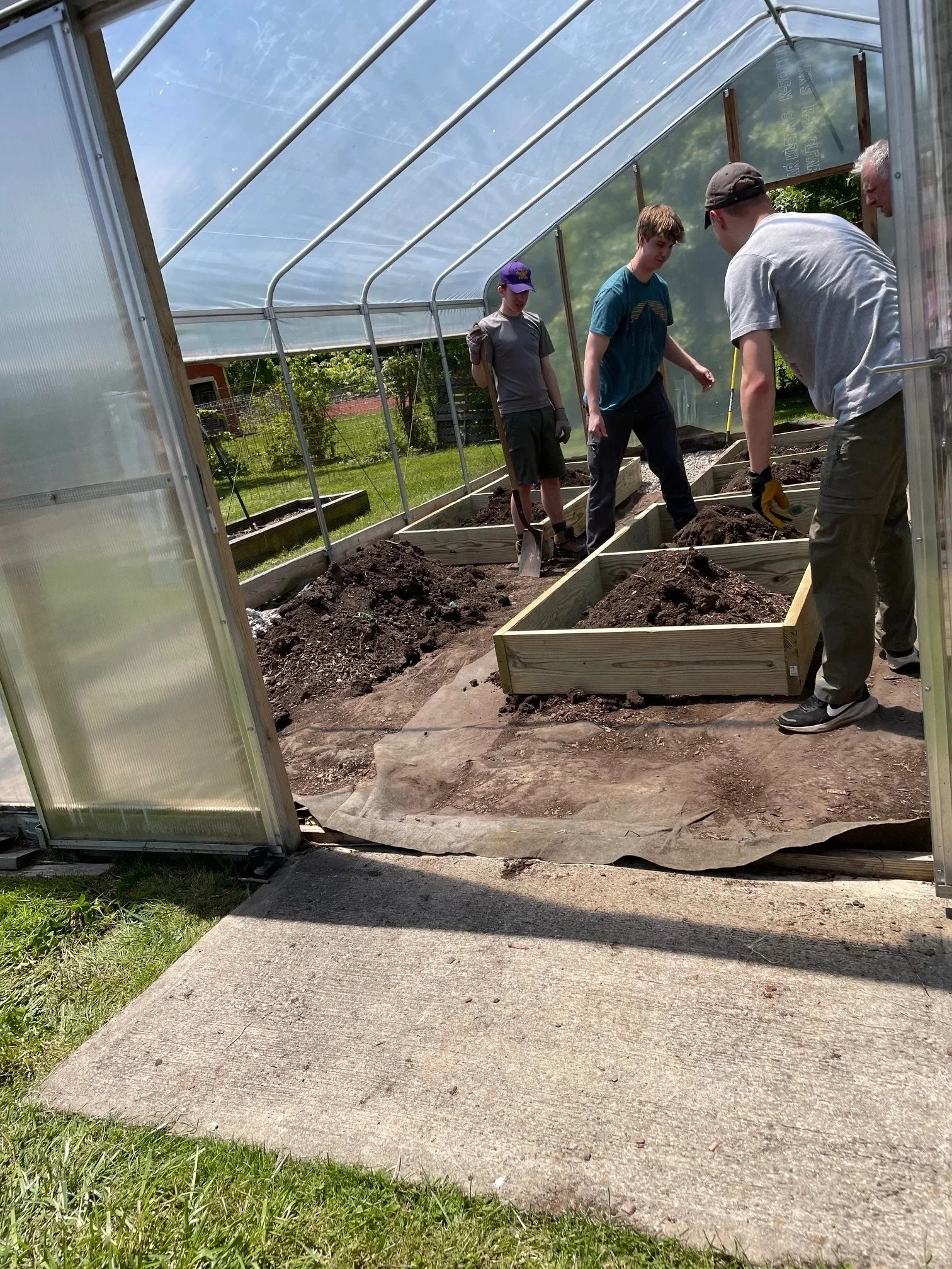 People working inside a greenhouse building raised garden beds with soil during the daytime.