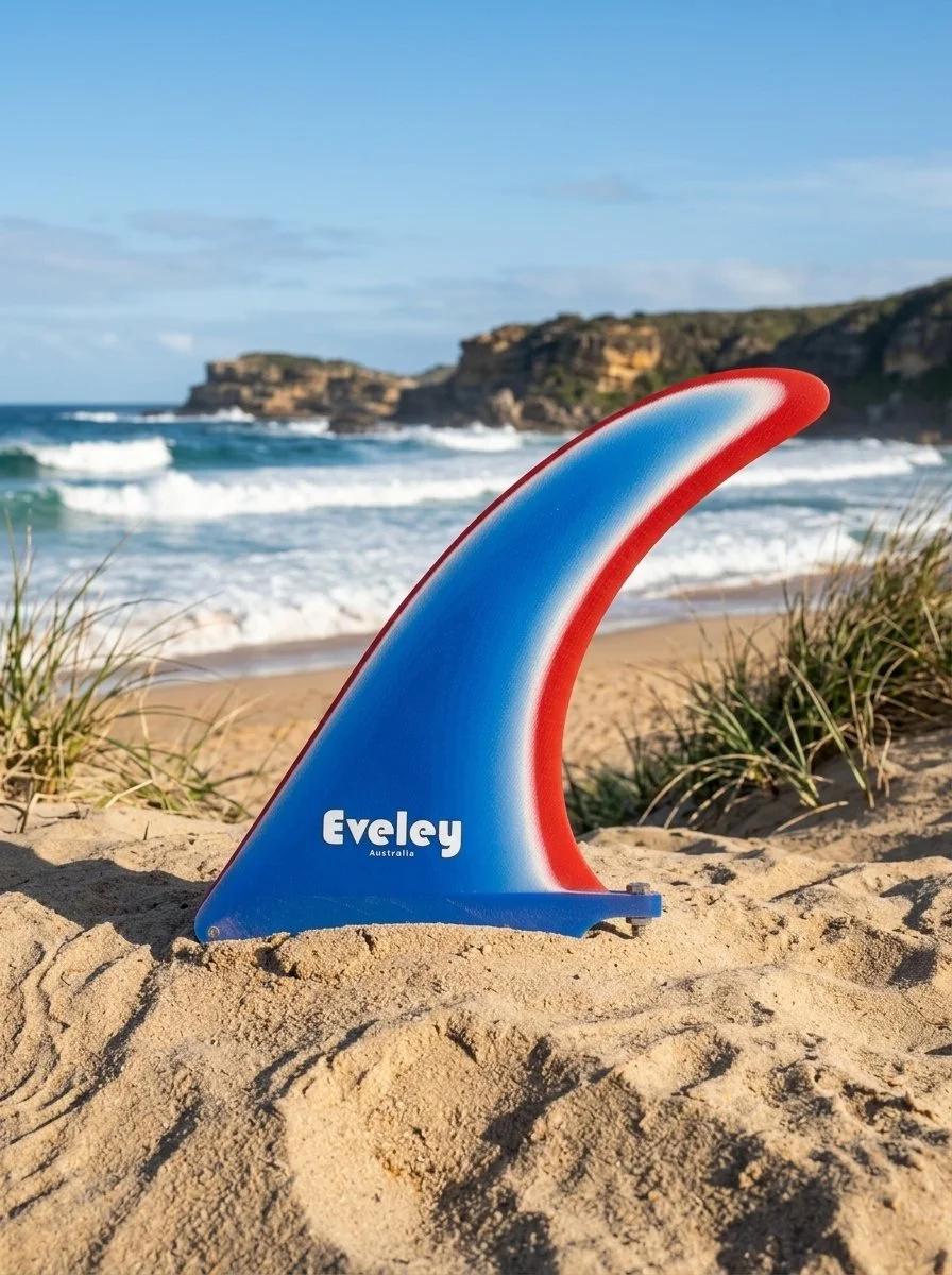 11" International 4A Center Fin in blue on white on red Pro Glass