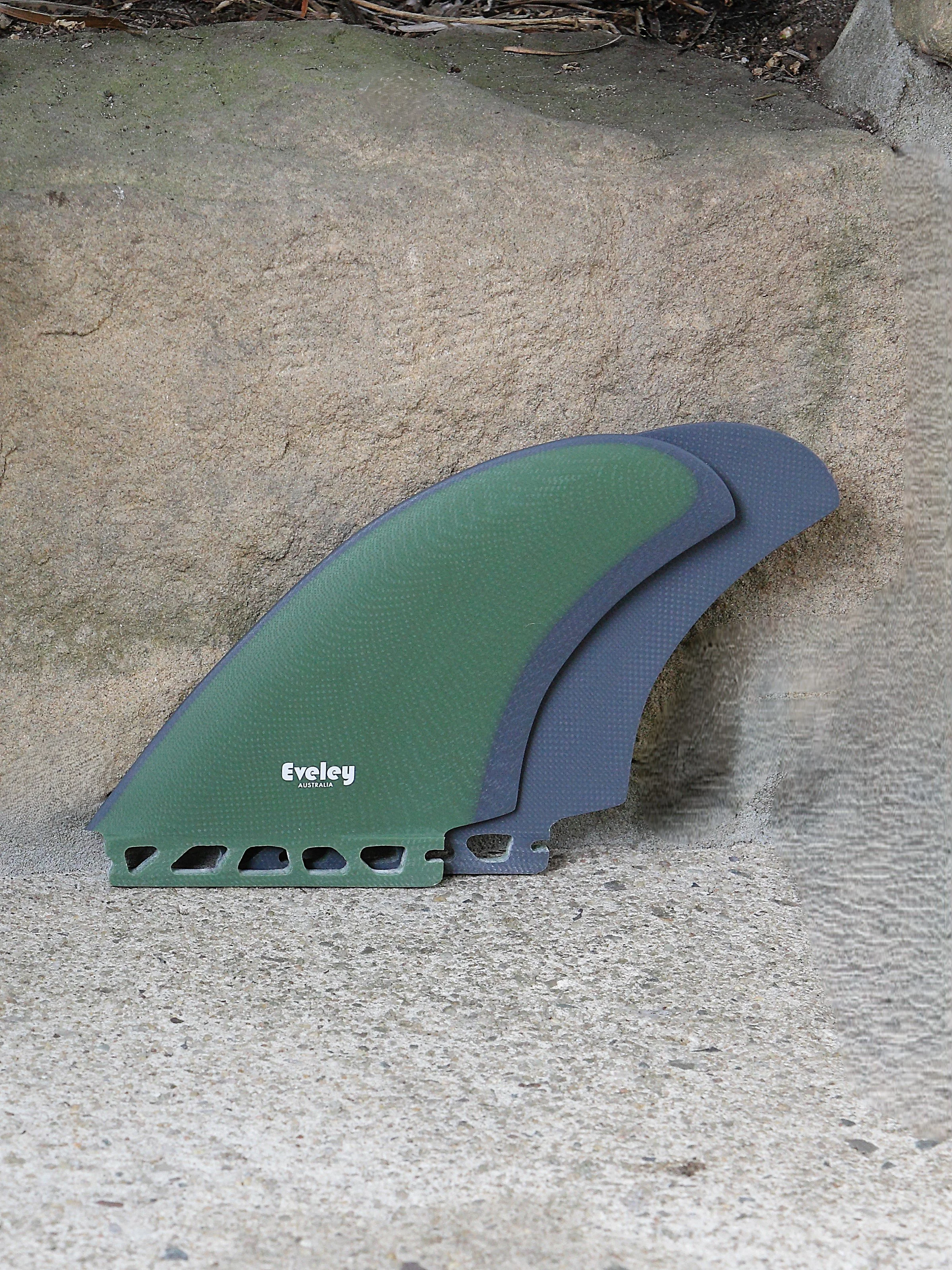 5.4" BM Twin Fins - Futures compatible olive green on dark grey Pro Glass. (2 fins)