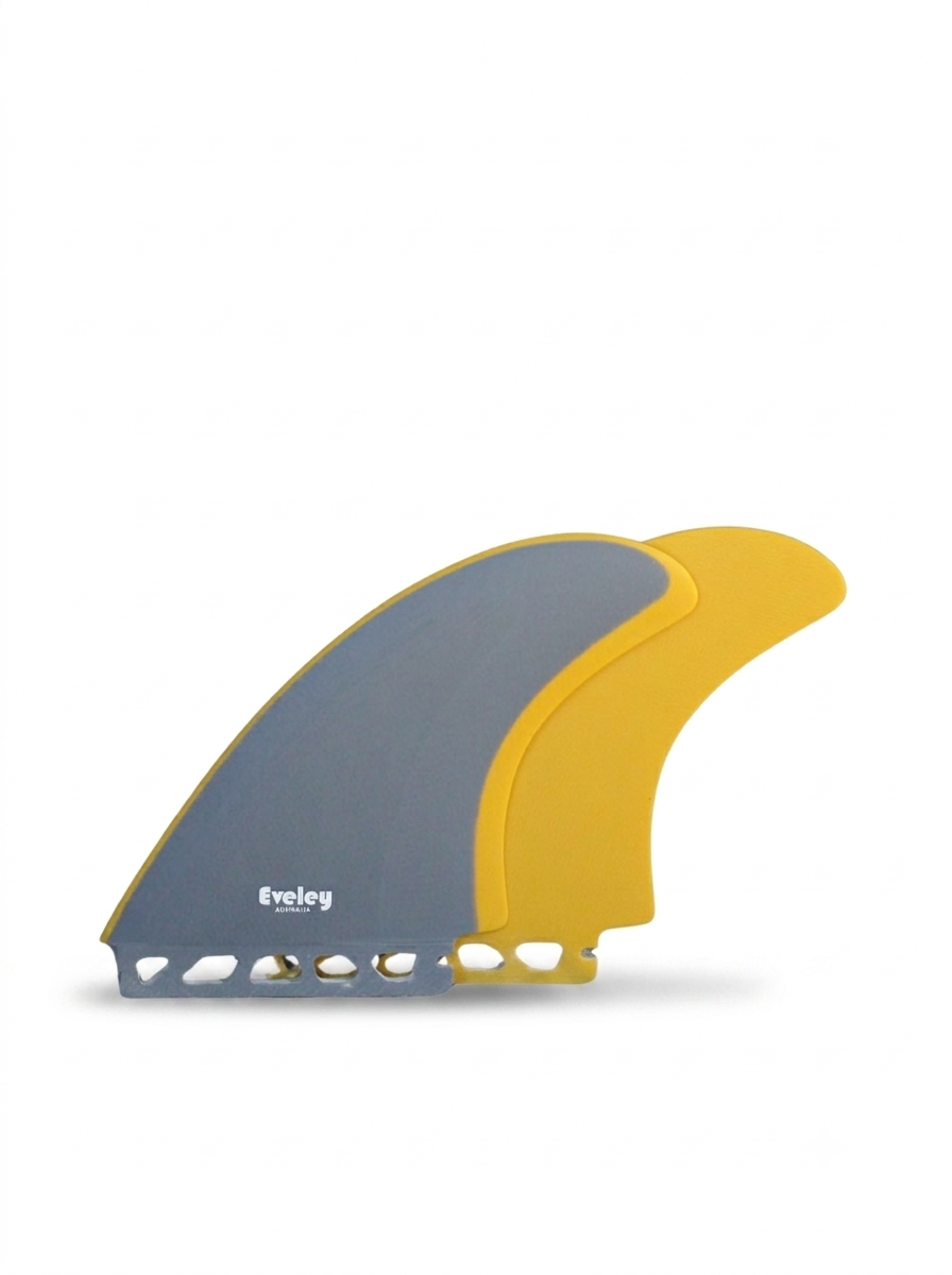 Grey and mustard 5.5-inch EN twin surfboard fins made from solid Pro Glass by Eveley Surf