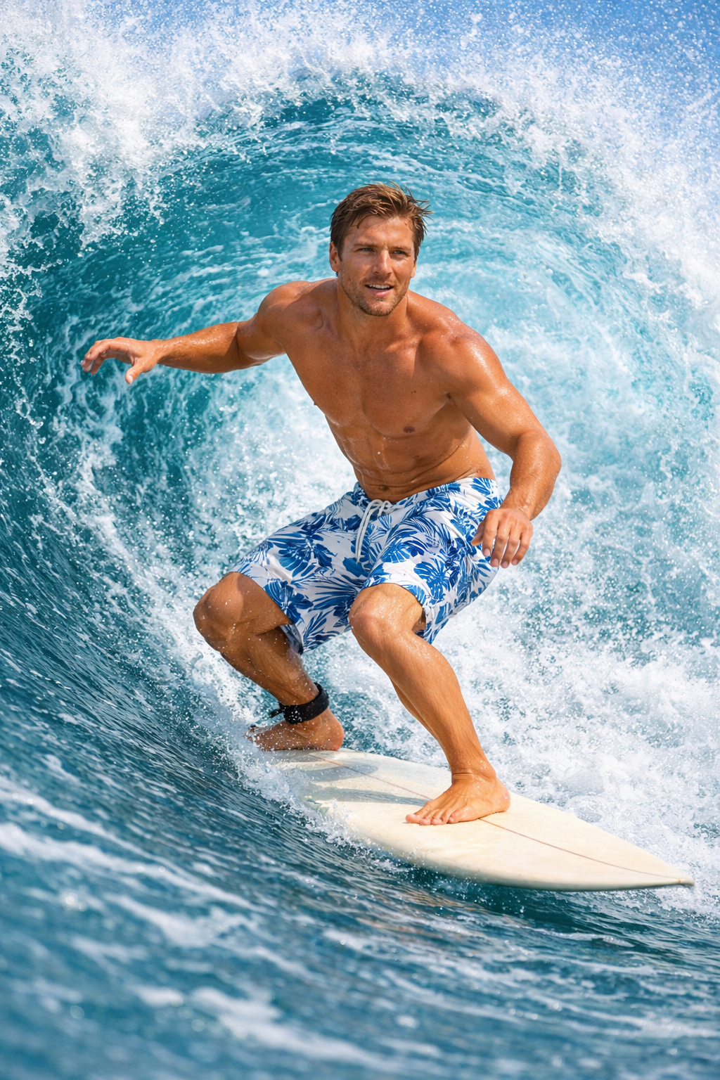 Eveley board short on surfer in wave.