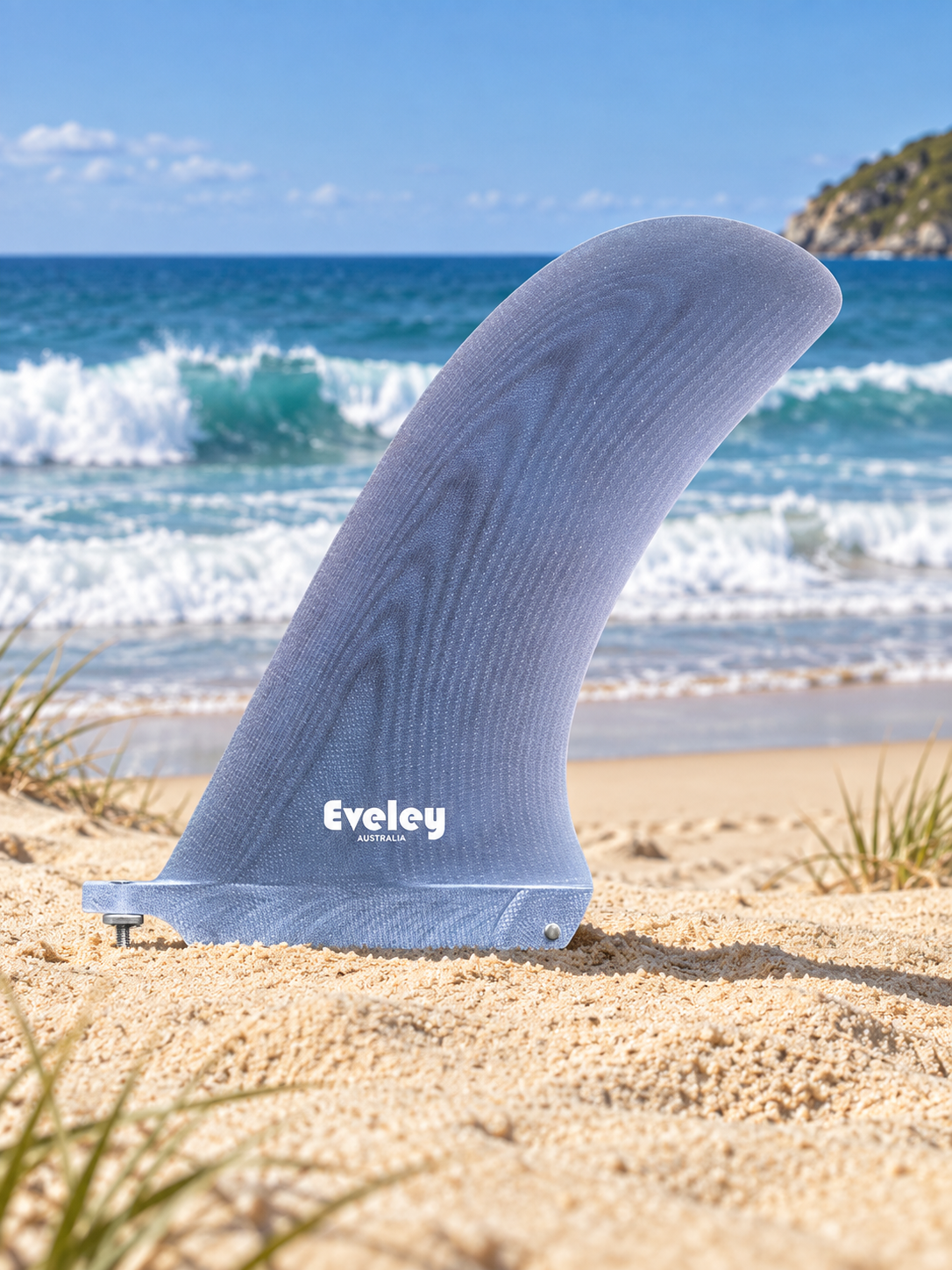 Eveley Santa Monica 9.25-inch noserider fin in Smoke Pro Glass with a machined finish and white Eveley Australia logo.