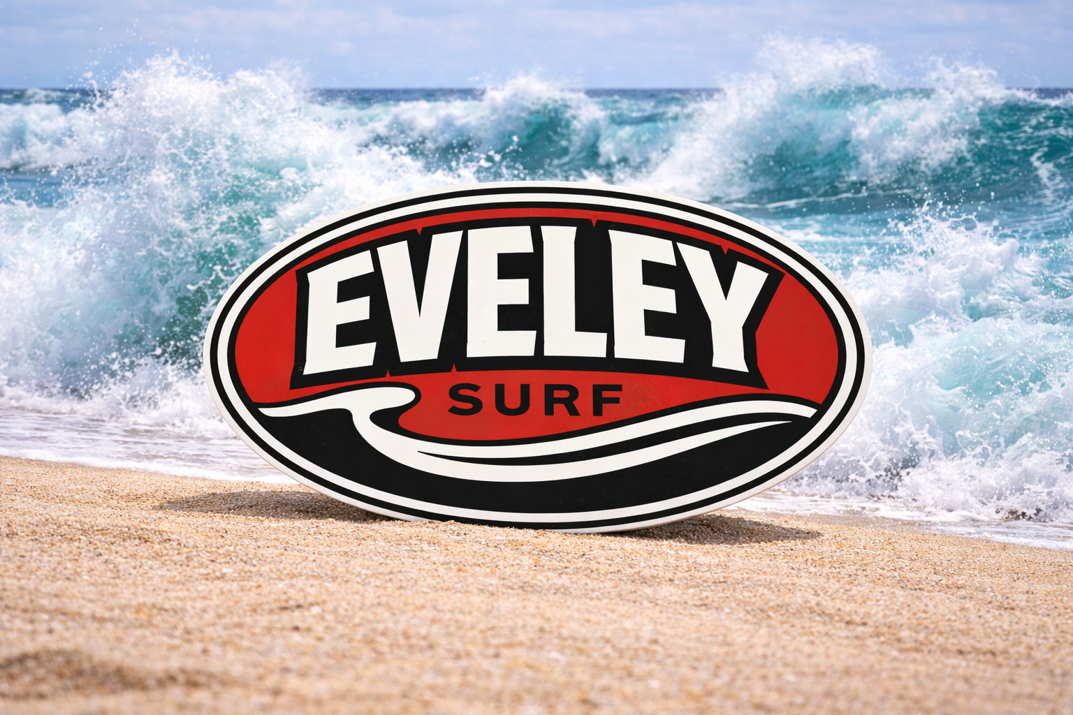 Eveley Surf logo by the sea.