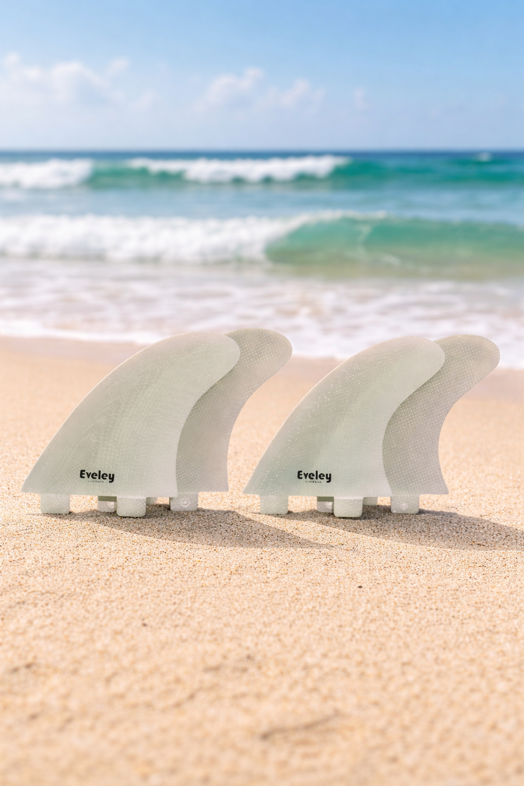 4.6" / 4.2" Classic Quad Fins – Natural Pro Glass | FCS Compatible (Set of 4) on a beach