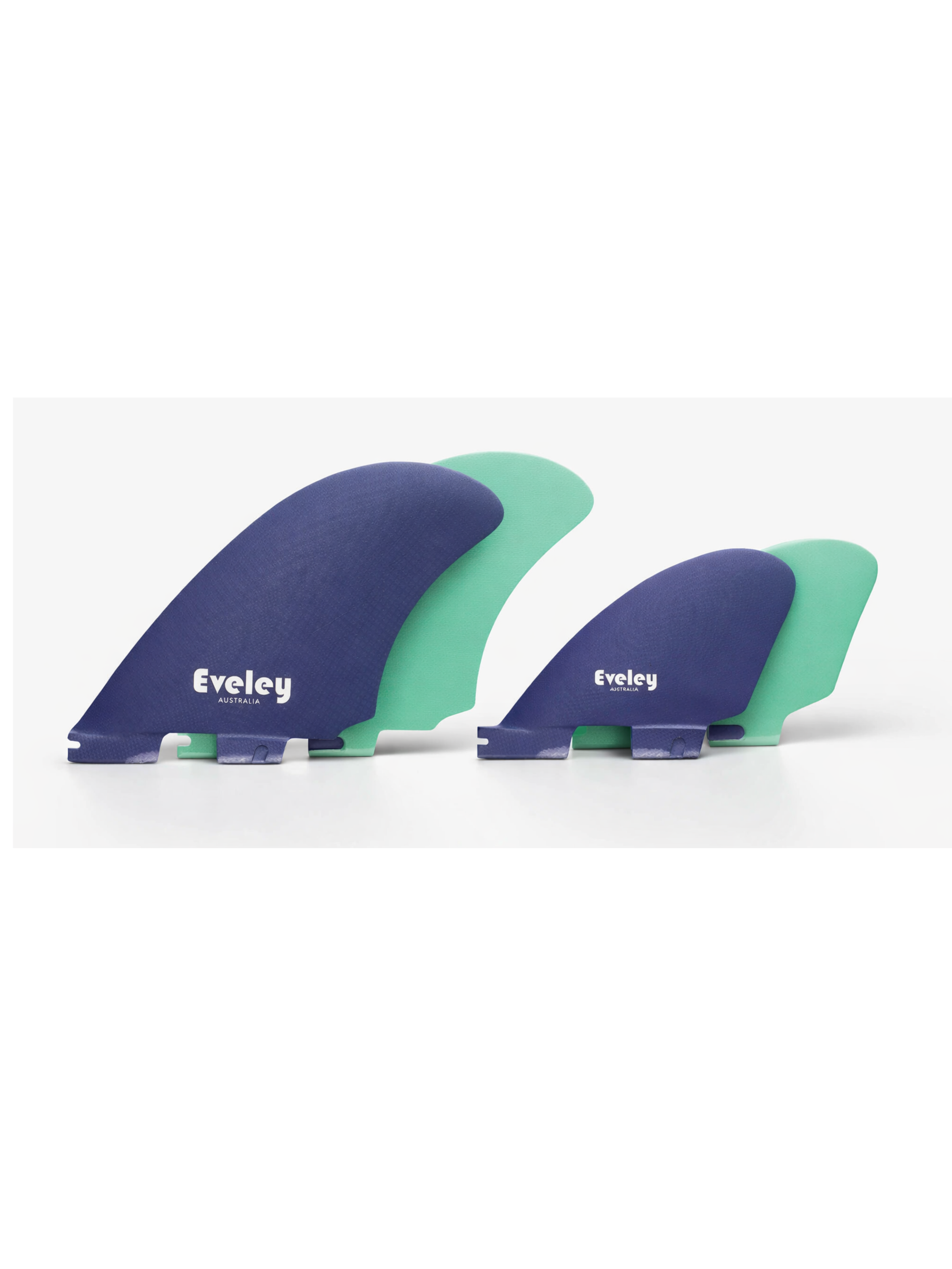 4.9" / 3.1" DTR Quad Surfboard Fins – Deep Blue on Green Pro Glass Fiberglass Quad Set | FCSII Compatible | Eveley Australia