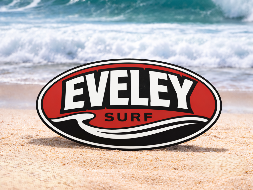 Eveley Surf oval logo on beach