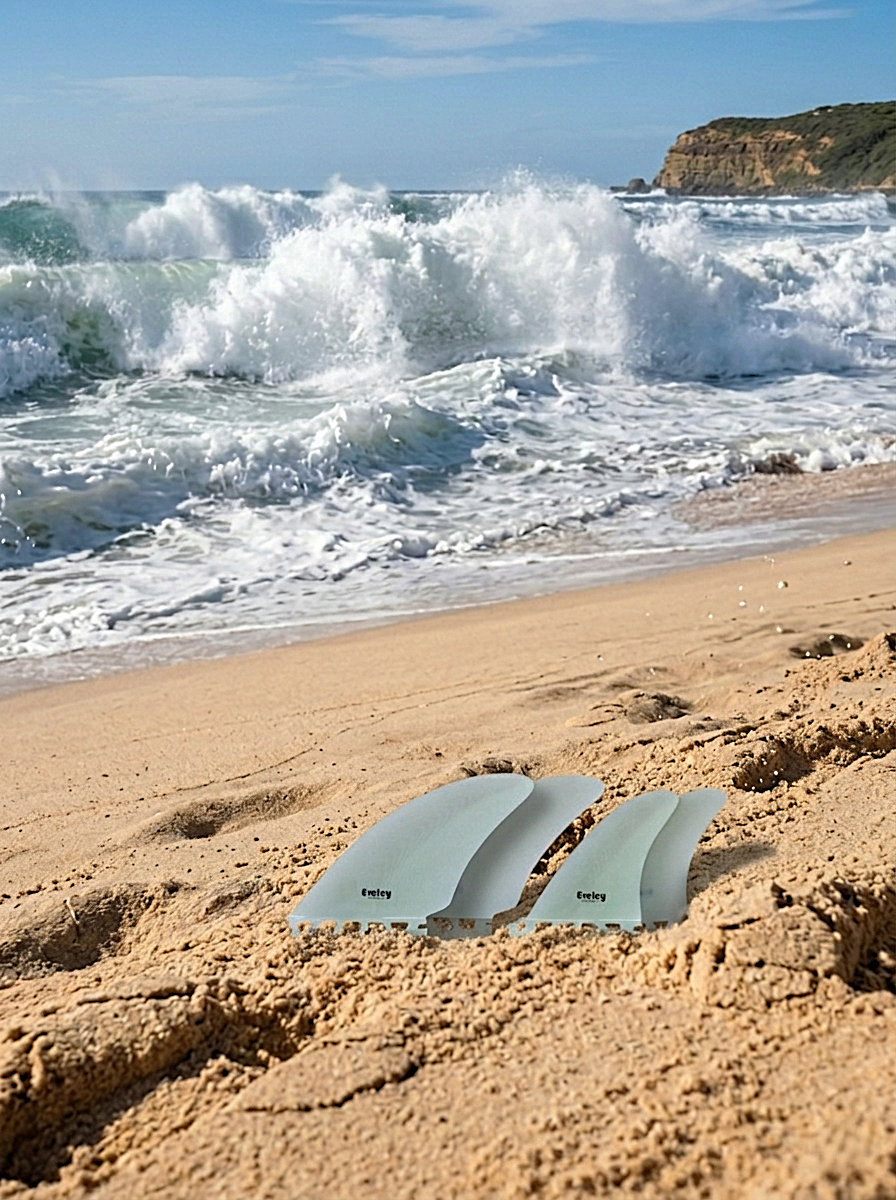 4.7" / 4.25" Controller Split Keel Quad Fins – Natural Pro Glass Futures Compatible  on the beach