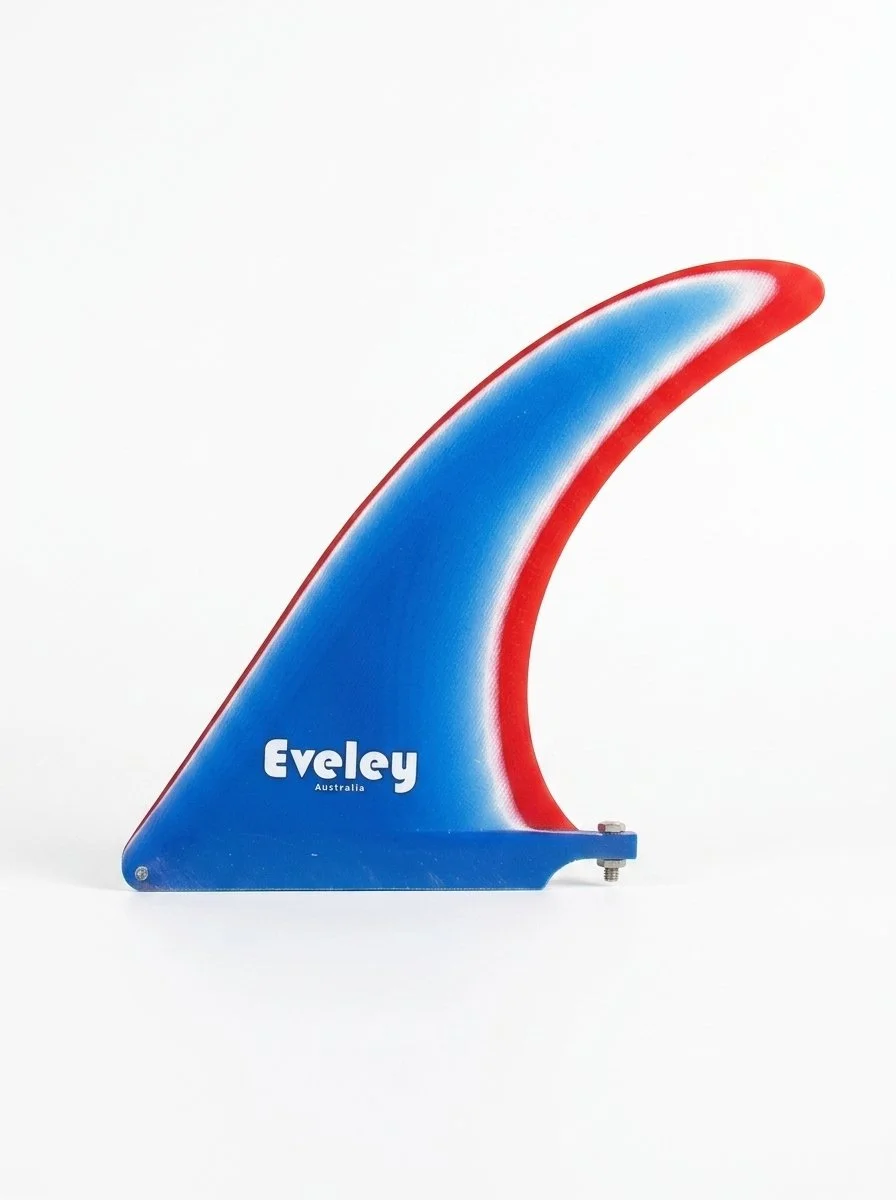 11" International 4A Center Fin in blue on white on red Pro Glass