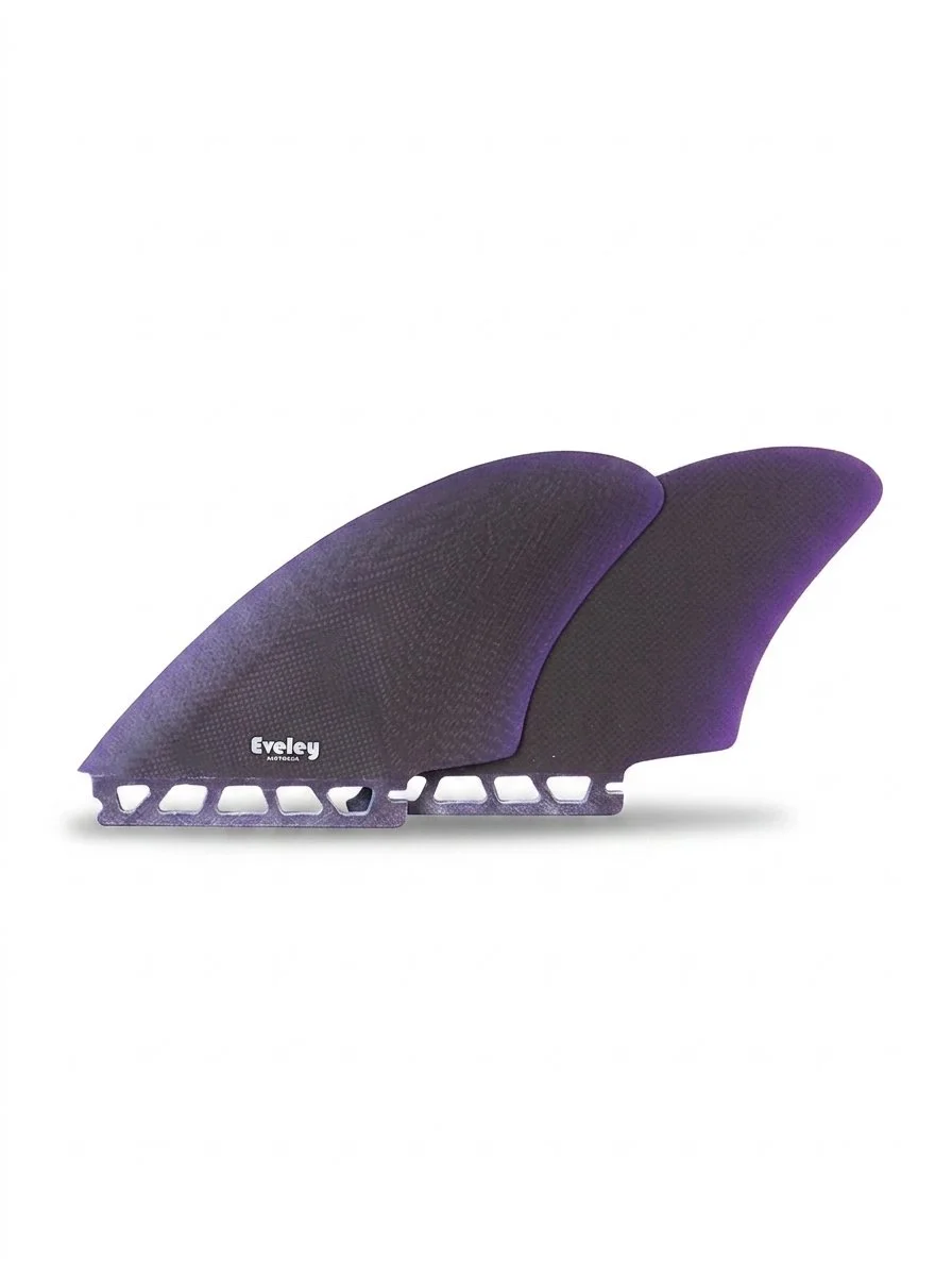 Pair of Eveley 4.6-inch midnight-purple Pro Glass twin keel surfboard fins with Futures-compatible single tabs.