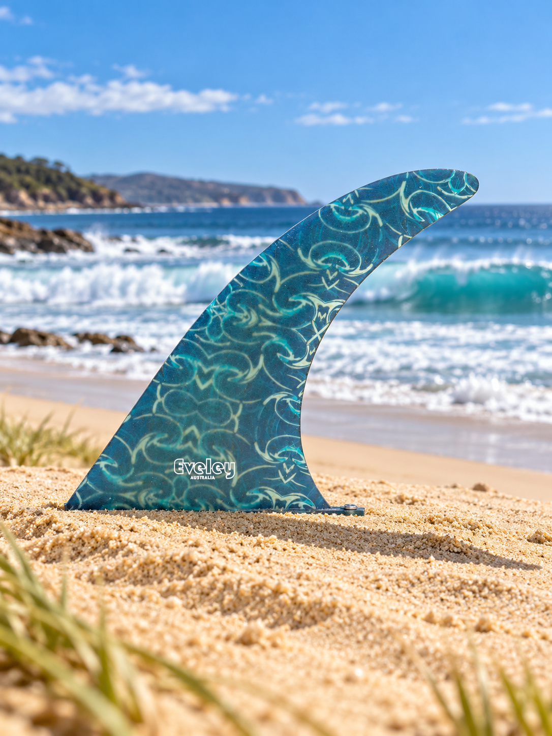 9" International 4A Center Fin with a Blueish Green inlaid pattern in Pro Glass.