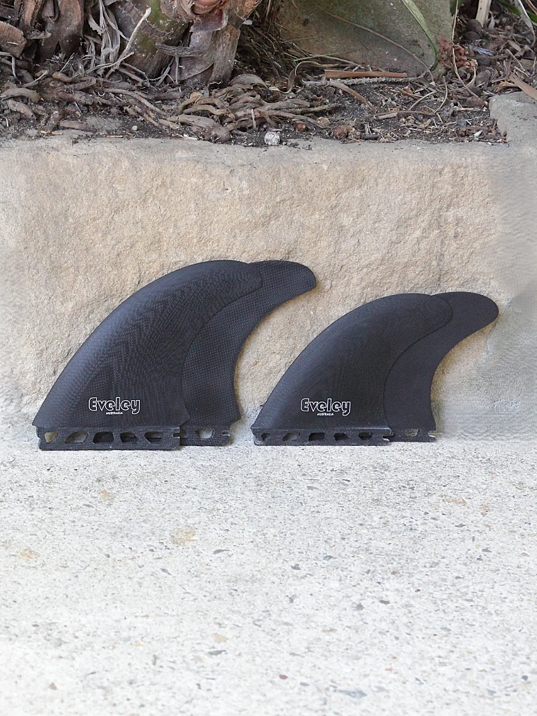 Eveley Big Boy quad surfboard fins 5.2 front and 4.35 rear black Pro Glass Futures compatible set of four fins waiting for you