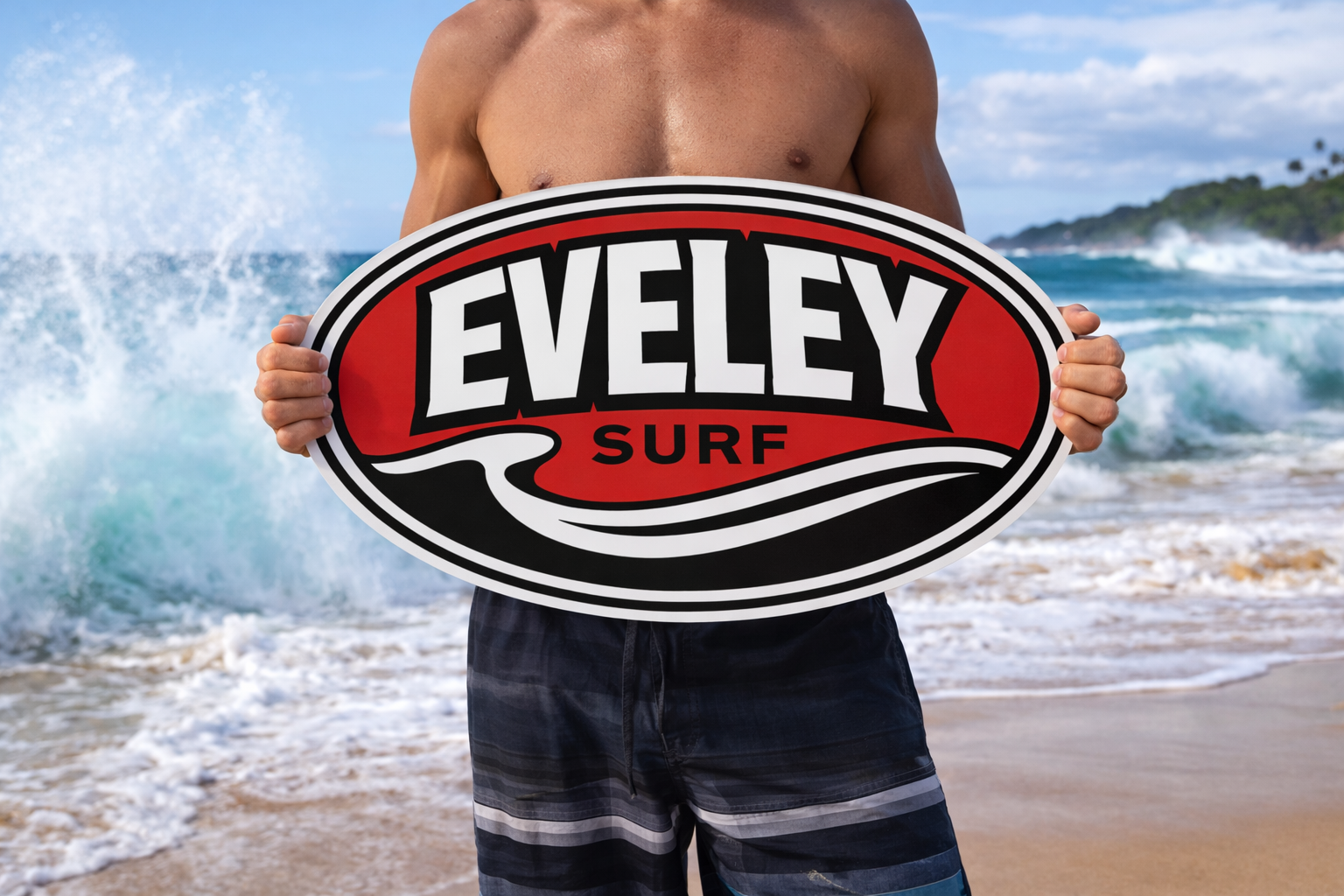Eveley Surf logo held by surfer