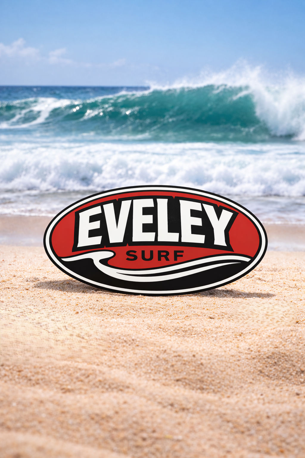 Eveley Surf oval logo on beach
