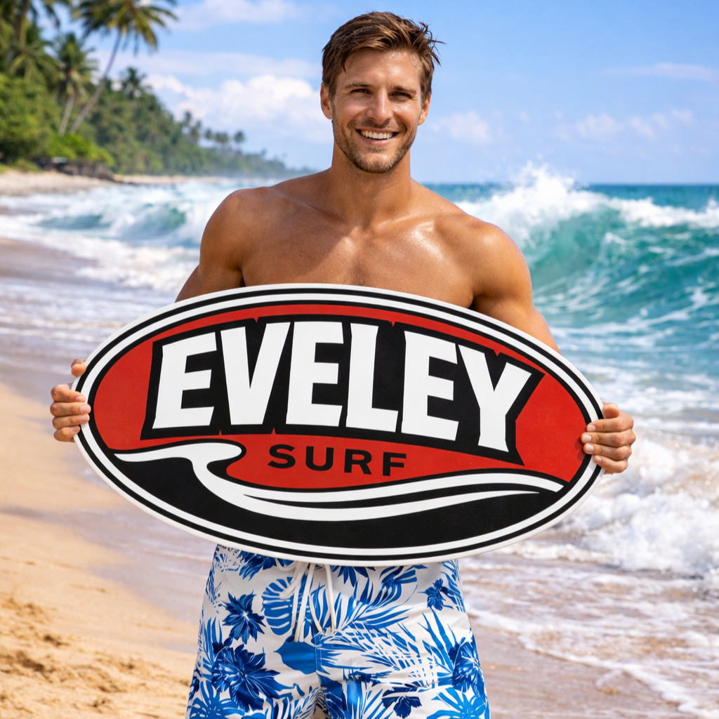 Eveley logo held by surfer wearing Eveley shorts