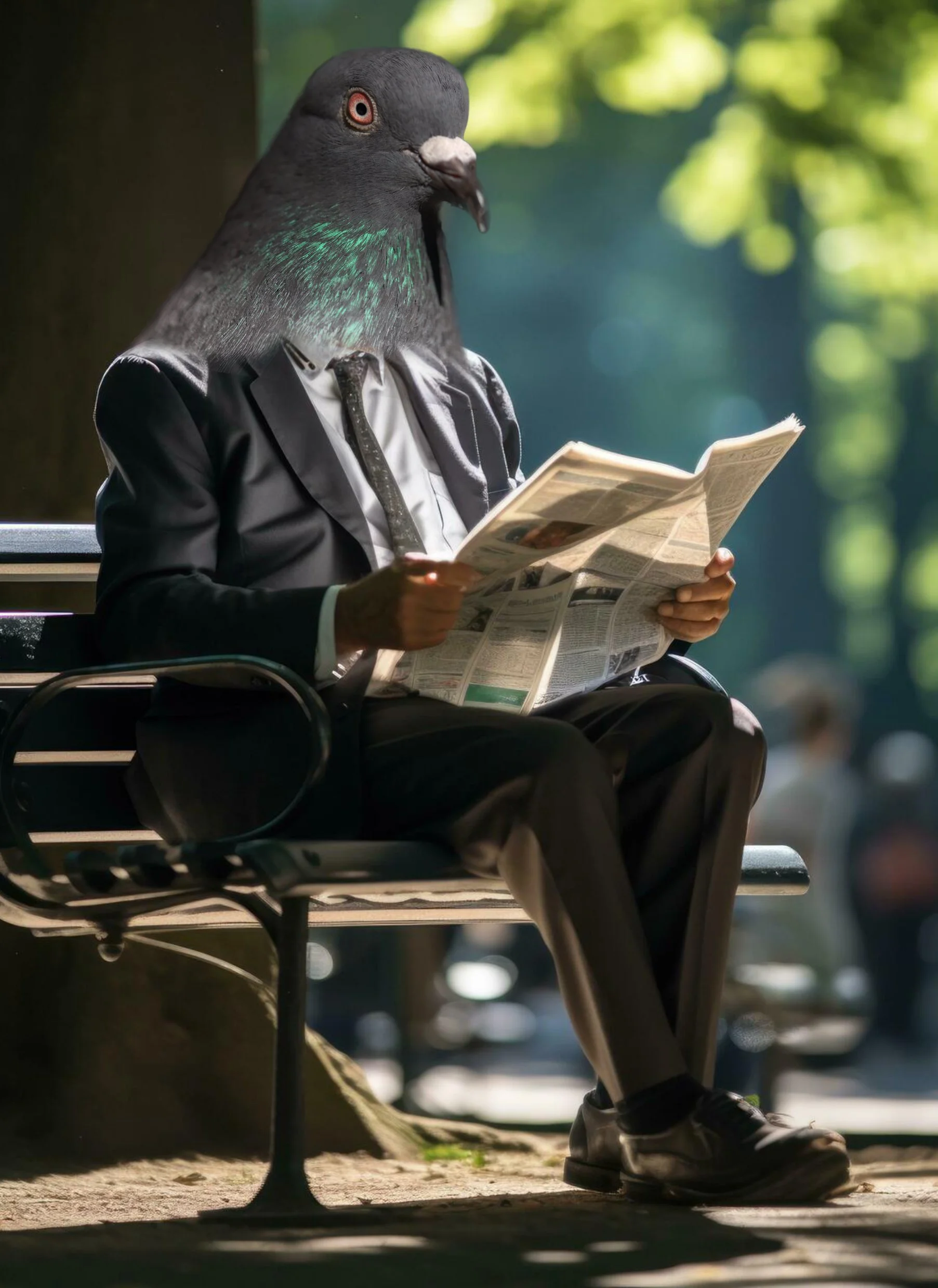 Surreal image of a person with a pigeon head sitting on a park bench reading a newspaper.