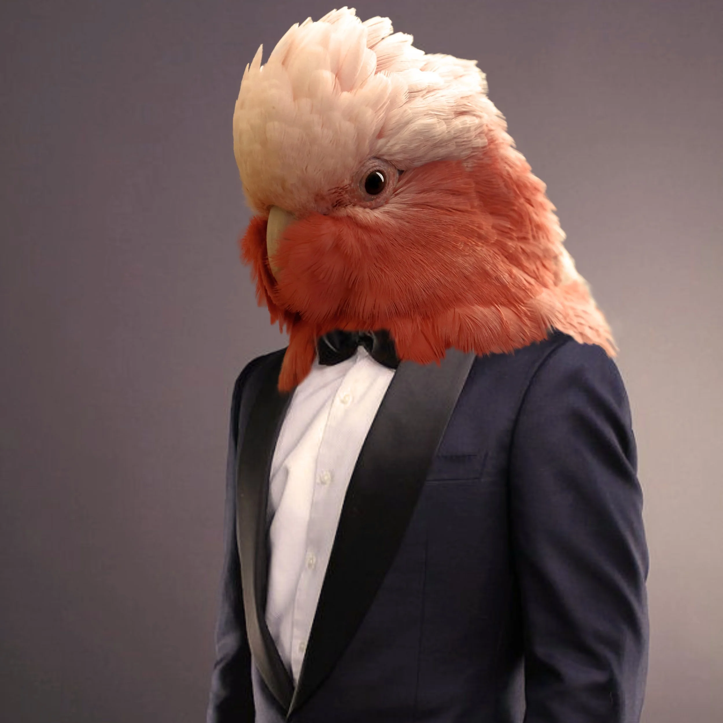 A person in a tuxedo with a bird head instead of a human head.