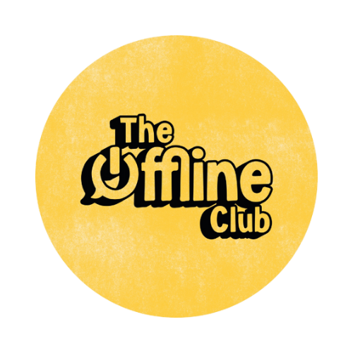 The Offline Club logo featuring black text on a yellow circular background.