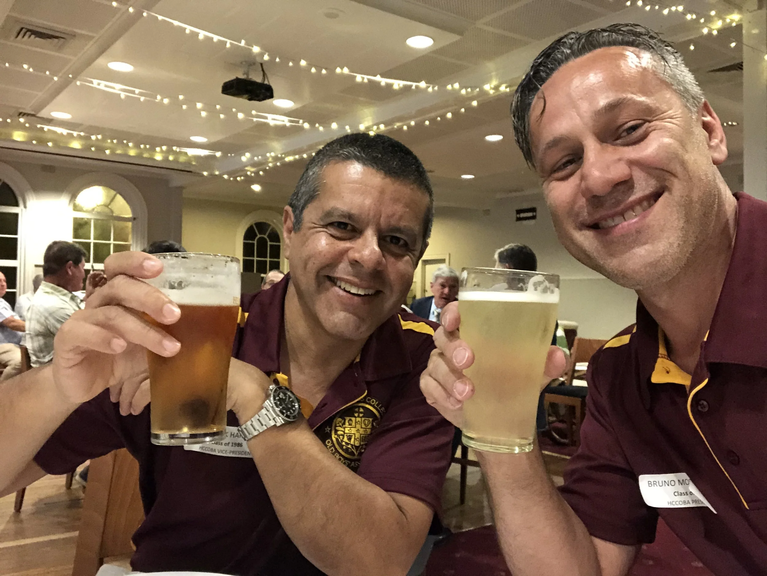 2019 - Maroon & Gold Milestone Reunion at Hunters Hill Club 
(L to R) Patrick Harsas and Bruno Moscaritolo (both classes 1981-86)