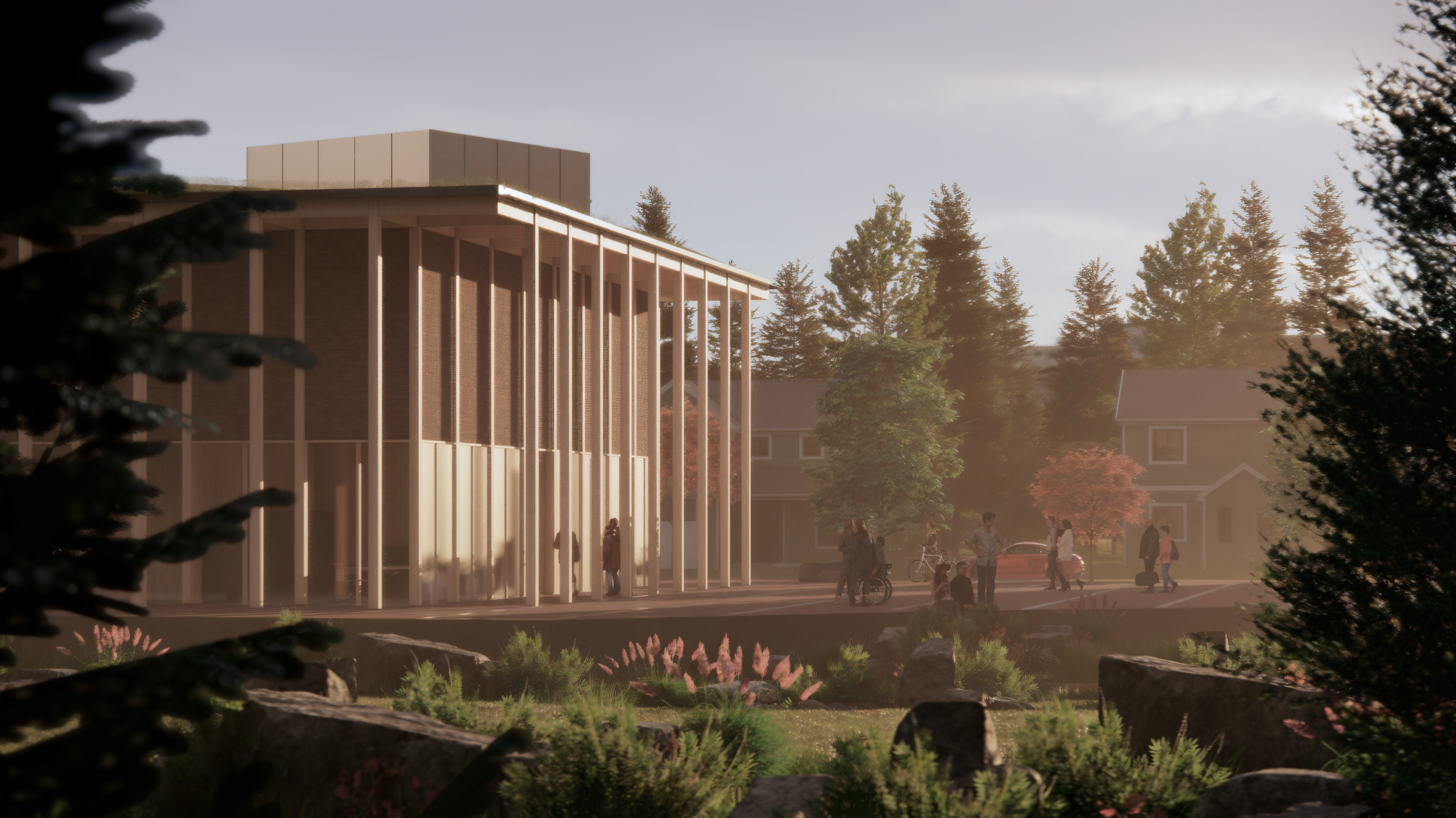 A modern building with tall white columns, surrounded by trees and landscaped garden, with people walking and biking outside during a foggy morning.