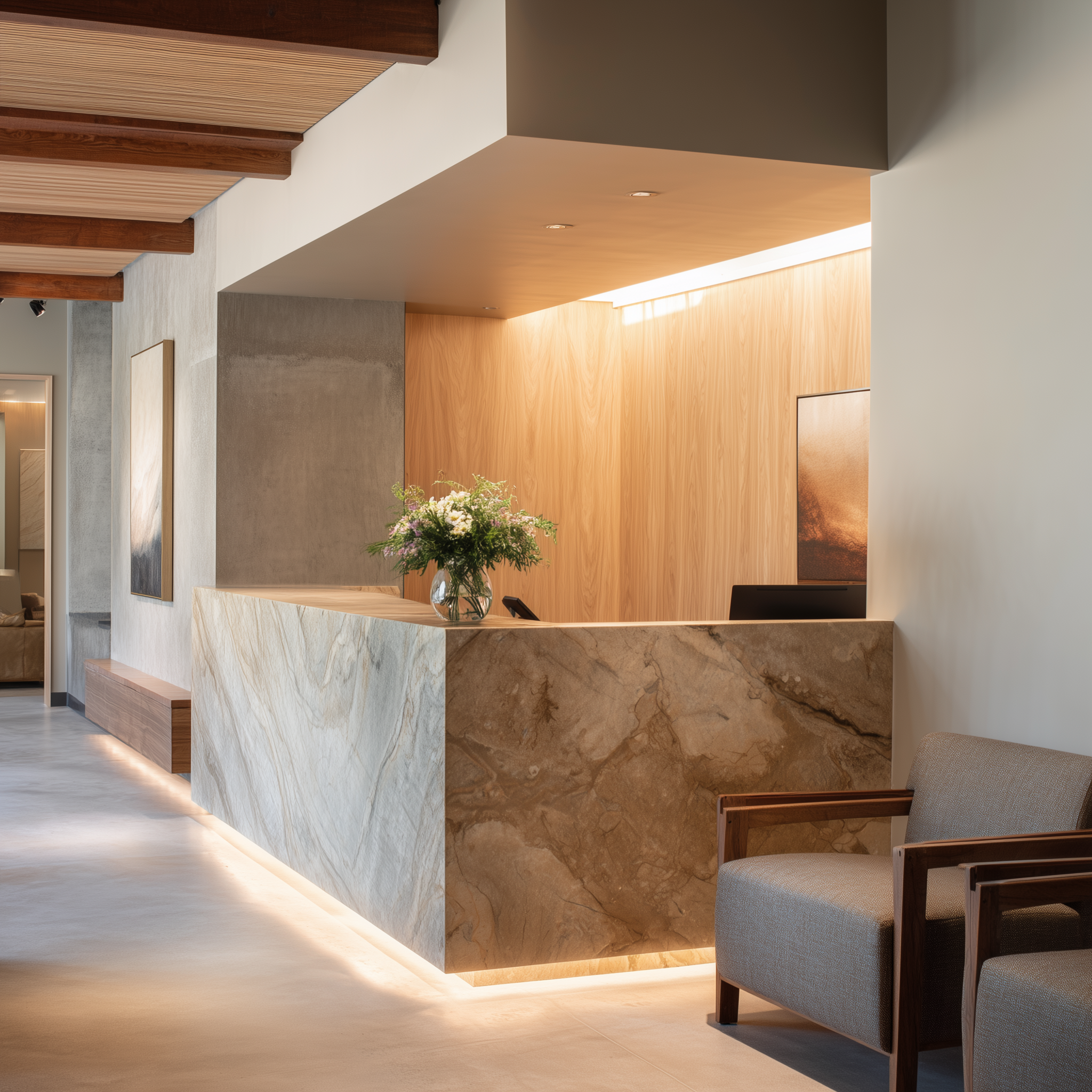 Modern hotel reception area with a marble desk, wooden wall, and seating area with armchairs.