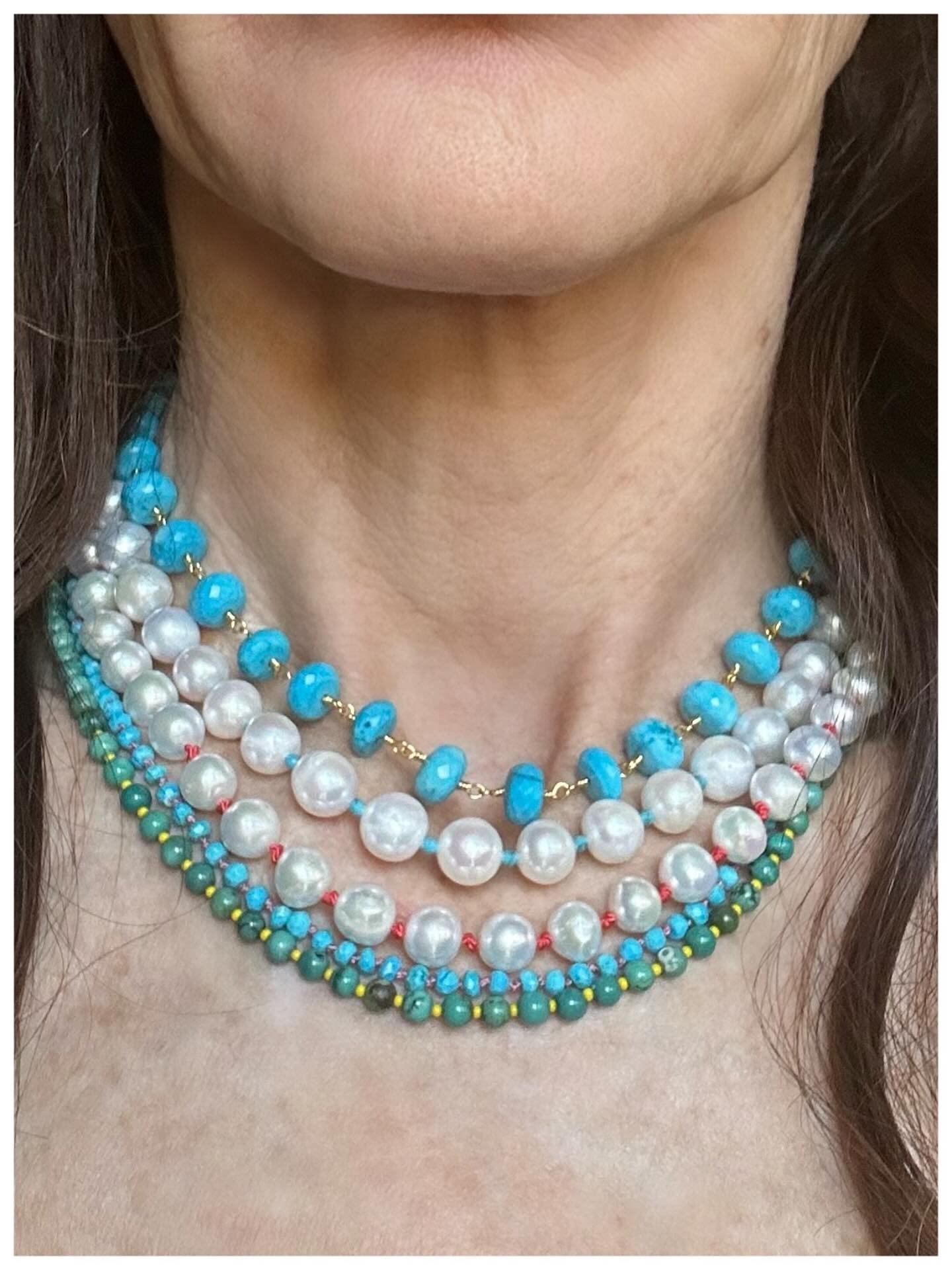 Who is CRAVING color? Elevate your gold chains with color!🌈 #finejewelry #turquoisenecklace #pearlnecklace #summer2025jewelry
