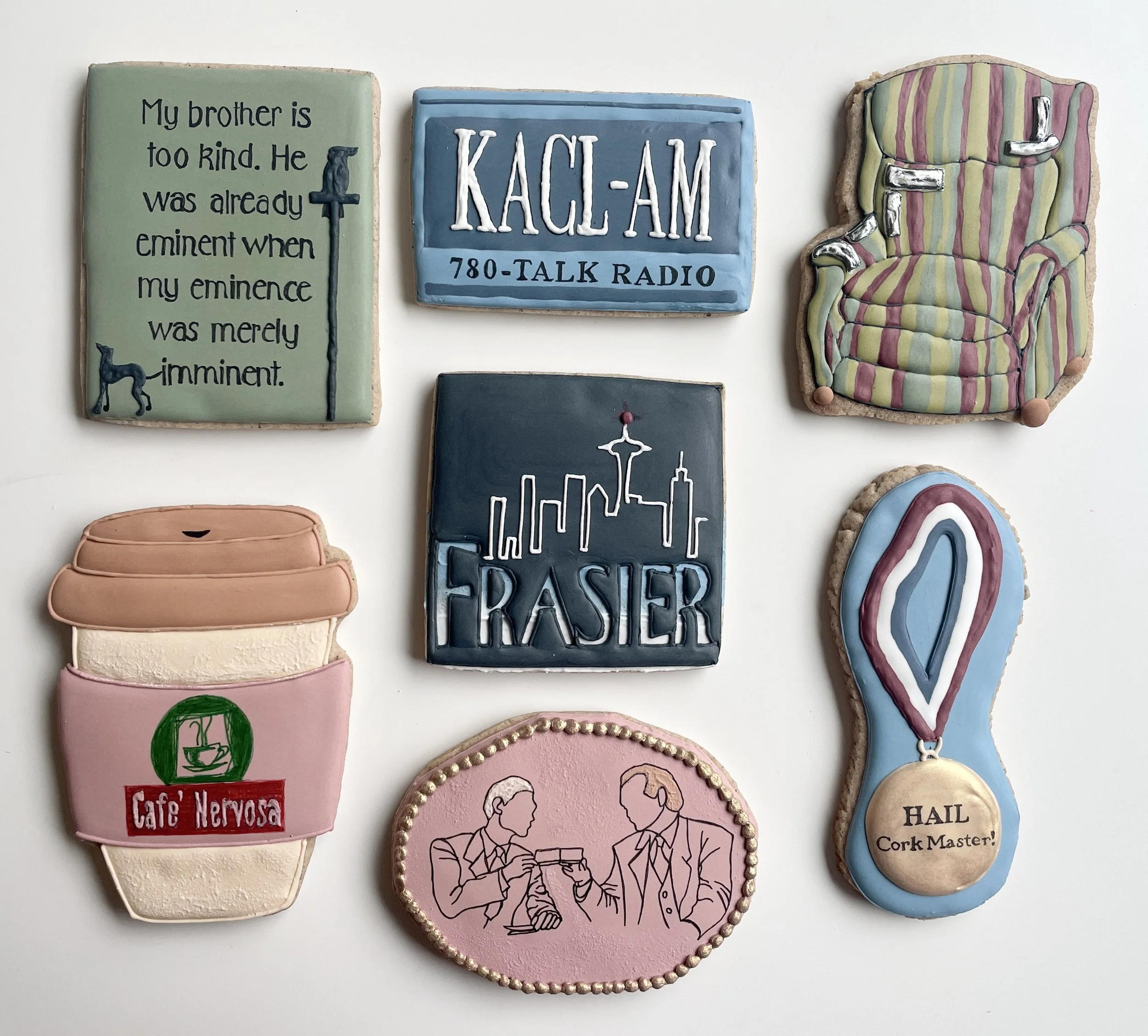 'Frasier' themed cookie featuring Frasier, Niles, Cafe Nervosa cup, KACL-AM logo, 'Cork Master' medal, 'Frasier' logo with Seattle skyline and Marty's chair.