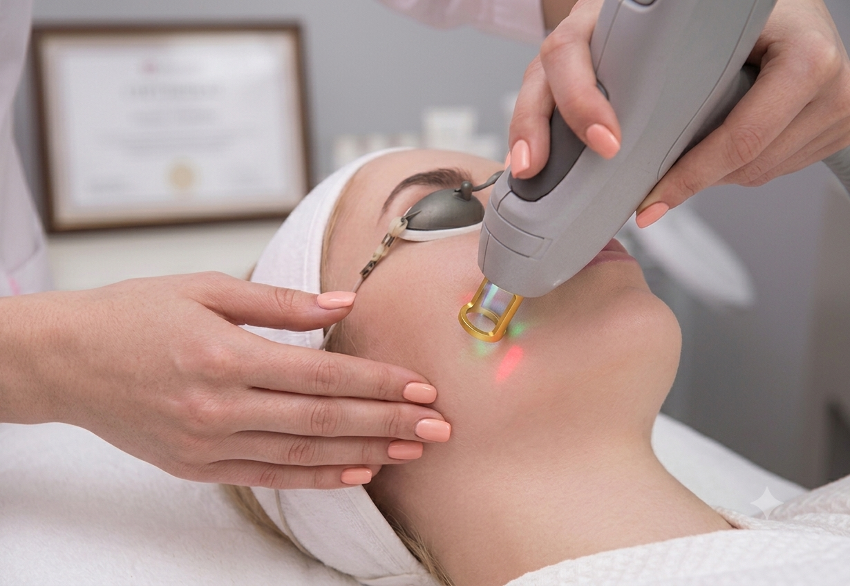 A person receives a facial treatment with a laser device in a spa or clinic setting, with hands gently supporting their face.