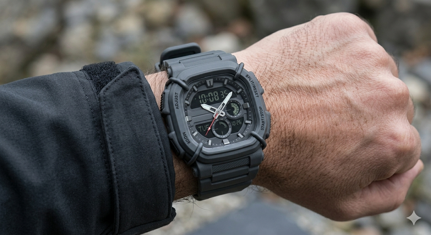 Close-up of a person's wrist wearing a black digital and analog watch, with a black jacket sleeve partially covering the wrist.