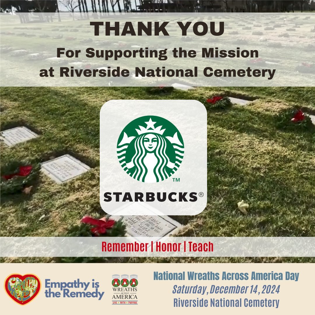 A huge THANK YOU to our amazing Partner, @starbucks , for supporting our National Wreaths Across America Day (@wreathsacross ) program at Riverside National Cemetery! Your dedication to the Mission and generosity help us honor our Fallen Heroes.

It'