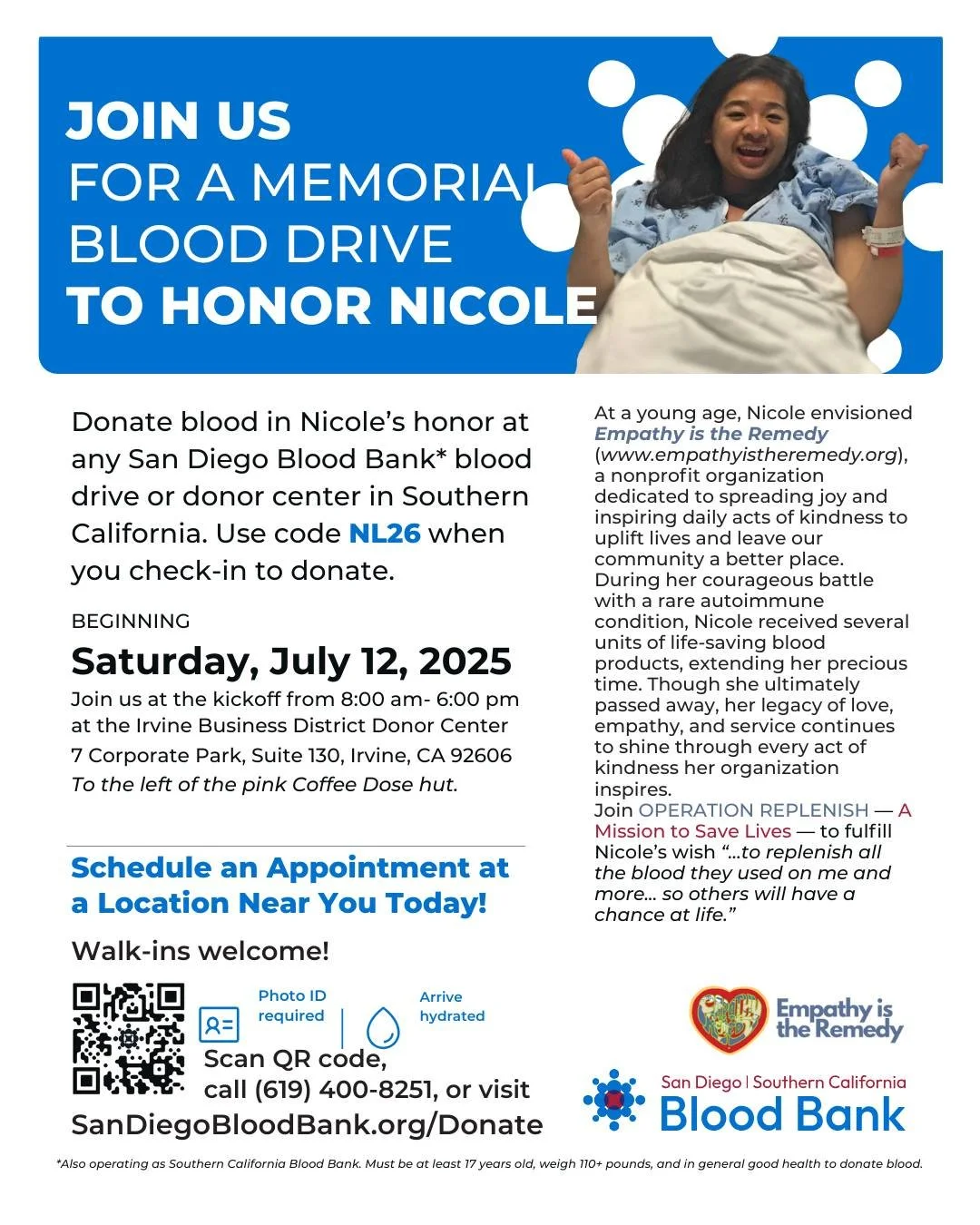 📢 Thank you to our incredible partner, San Diego Blood Bank (SDBB) - @sandiegobloodbank, for supporting OPERATION REPLENISH &mdash; A Mission to Save Lives! 💉❤️

We invite our friends, family, and supporters in the Orange County CA area to join us 
