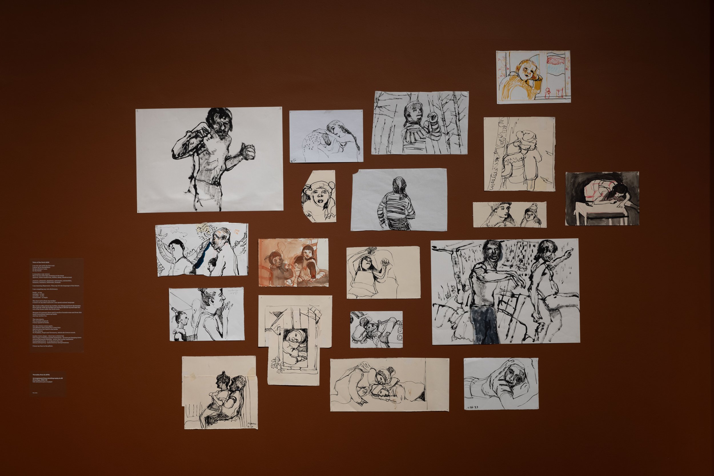 Arrangement from 'Autobiography in 28 drawings', Installation view, 'Drawing the Unspeakable', Towner Gallery, Eastbourne, 2024