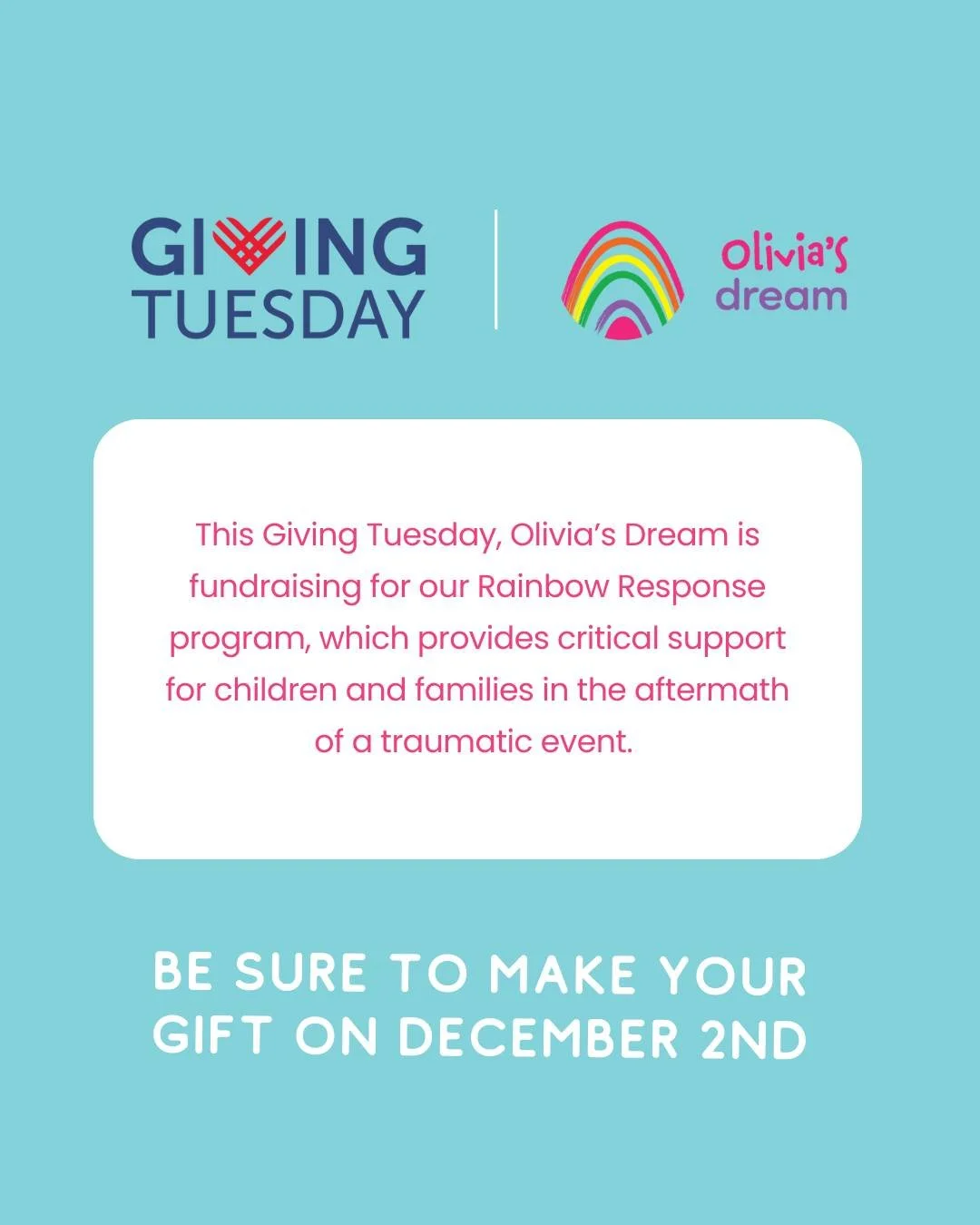 ⚠️ A donation 🔗 will be posted to our pages on Tuesday! ⚠️ 

An anonymous donor has pledged to match every dollar donated up to $5,000&mdash;a chance to DOUBLE your impact and help children and families in need. 

#OliviasDream #GivingTuesday