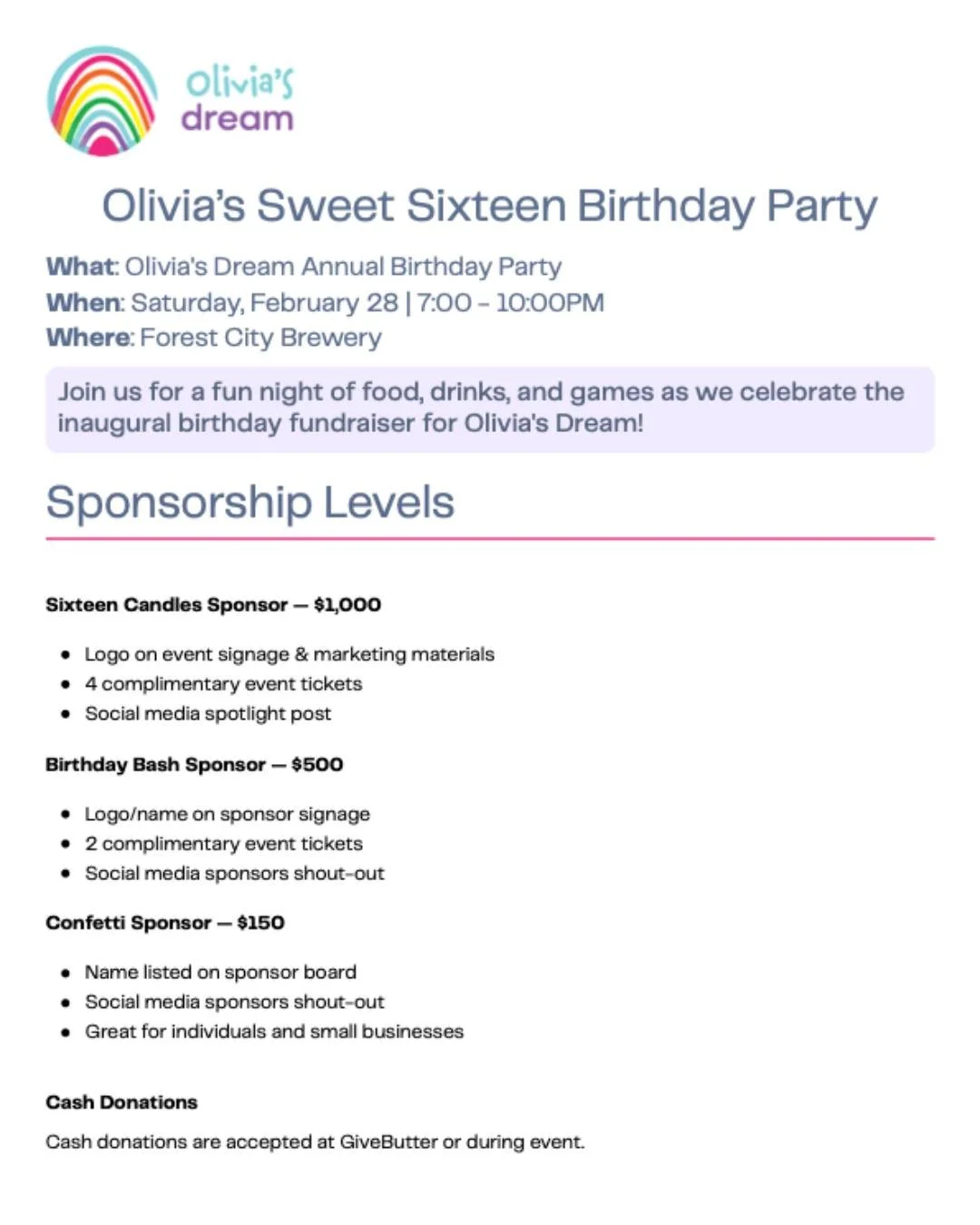 Sponsorship opportunities are now available for Olivia&rsquo;s Sweet Sixteen Birthday Party 🎉 Come celebrate, showcase your business, and support a meaningful cause&mdash;all in one night.

📍 Forest City Brewery, 2135 Columbus Rd, Cleveland, OH 441