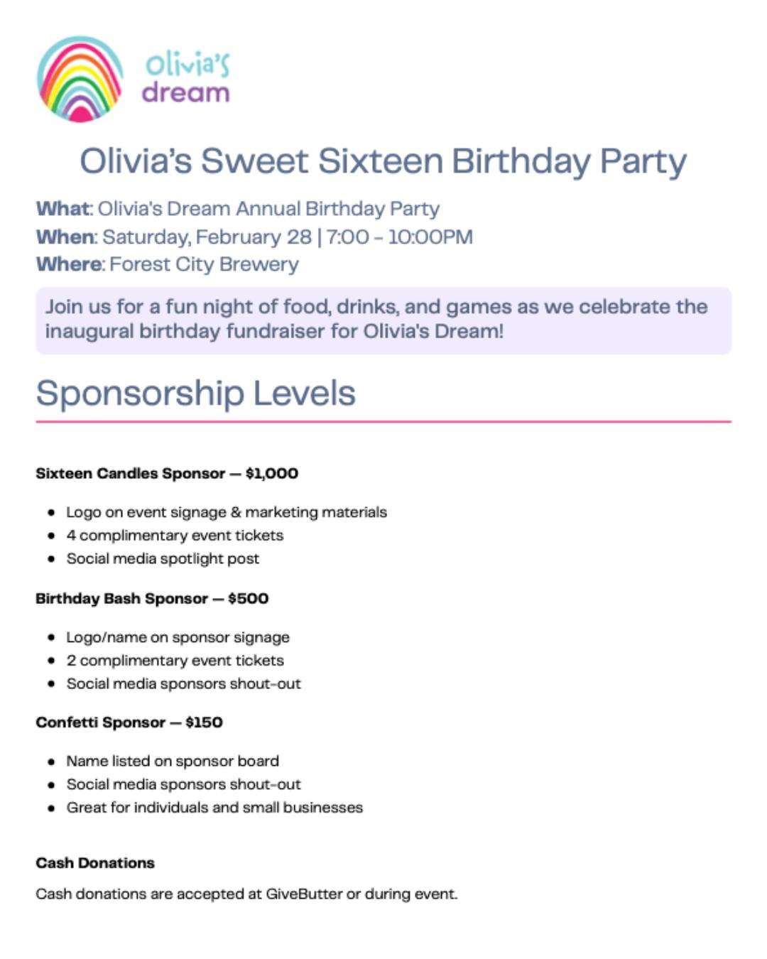 Sponsorship opportunities are now available for Olivia&rsquo;s Sweet Sixteen Birthday Party 🎉 Come celebrate, showcase your business, and support a meaningful cause&mdash;all in one night.

📍 Forest City Brewery, 2135 Columbus Rd, Cleveland, OH 441