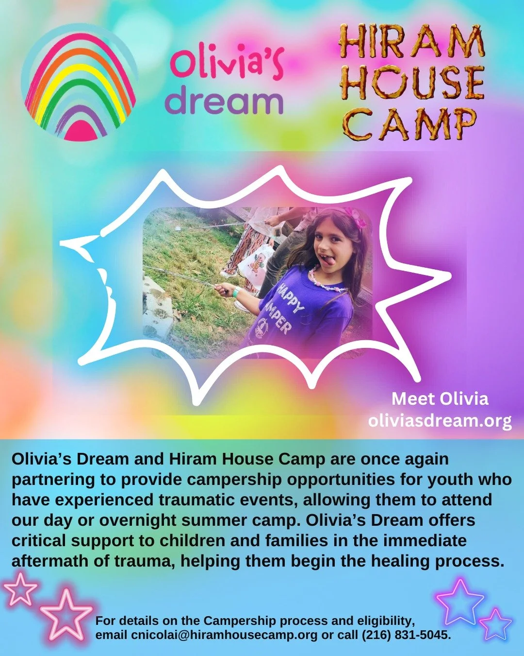 Olivia&rsquo;s Dream is proud to partner with @hiramhousecamp to provide children with trauma history the opportunity to attend camp this summer. 🏕️ 

We provide camperships (i.e. financial assistance) to kids in need so they can build confidence, g
