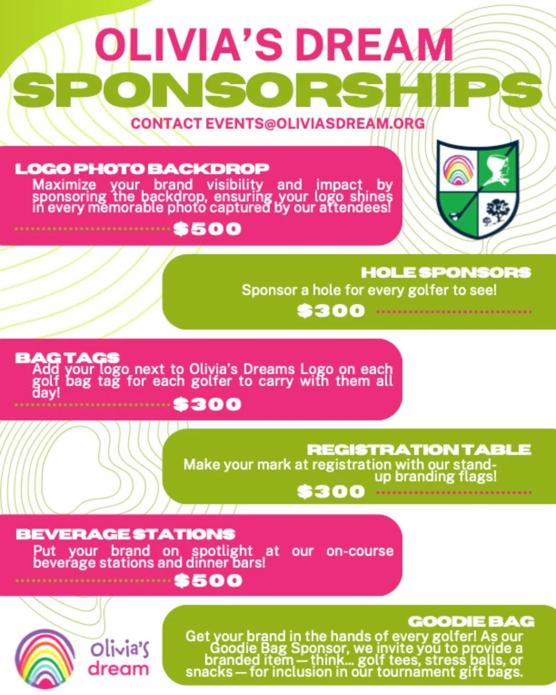 Sponsorship opportunities are now open for the Olivia's Dream Golf Tournament at Shaker Heights Country Club on Monday, June 8, from 10:30 a.m. to 6 p.m. Advertise your business 𝘢𝘯𝘥 support a great cause in the process!! ⏰ Sponsorship commitments 