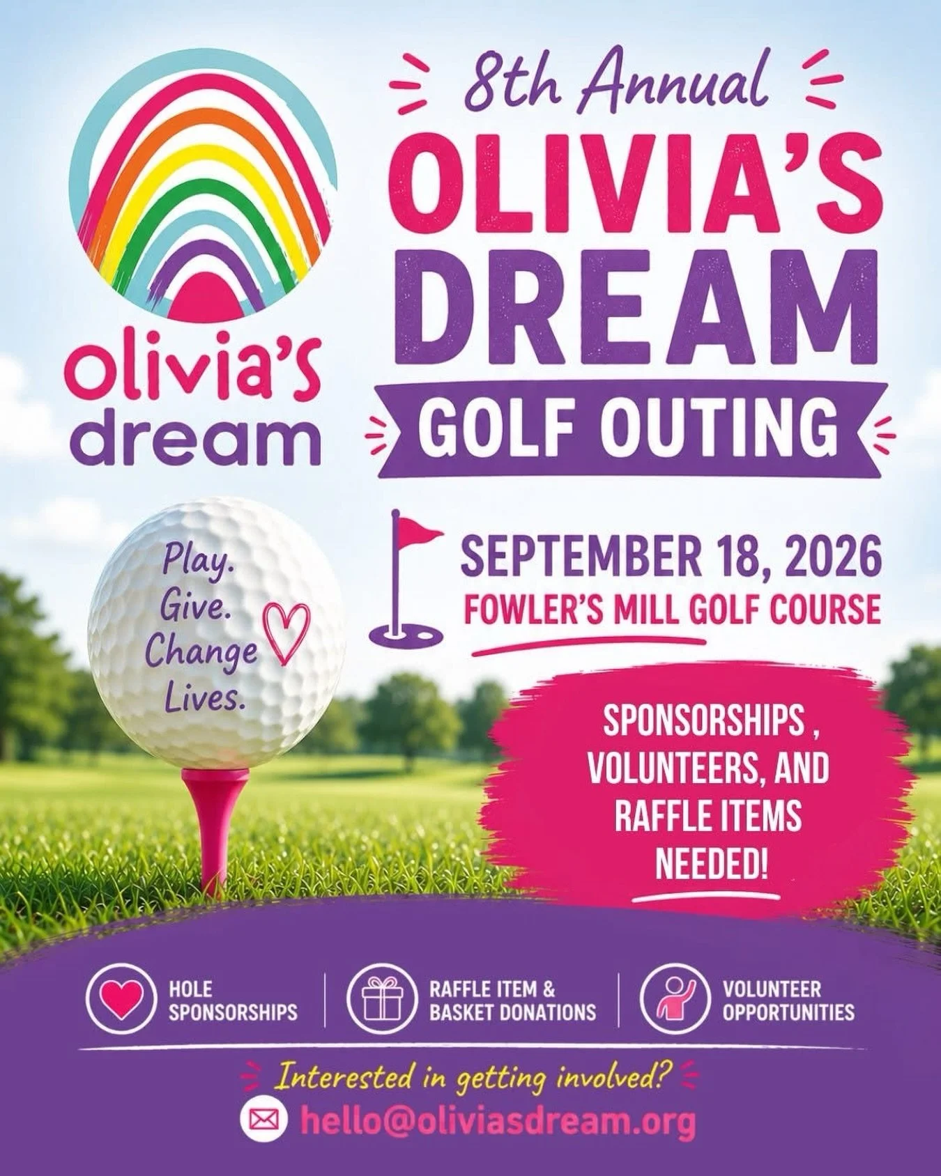 ⛳ LAST-MINUTE TEE TIMES OPEN! ⛳

We had two groups drop out of our golf tournament last minute, which means we have 8 individual golfer spots (or 2 full foursomes) open for tomorrow&rsquo;s Olivia&rsquo;s Dream Golf Outing at Fowler&rsquo;s Mill Golf