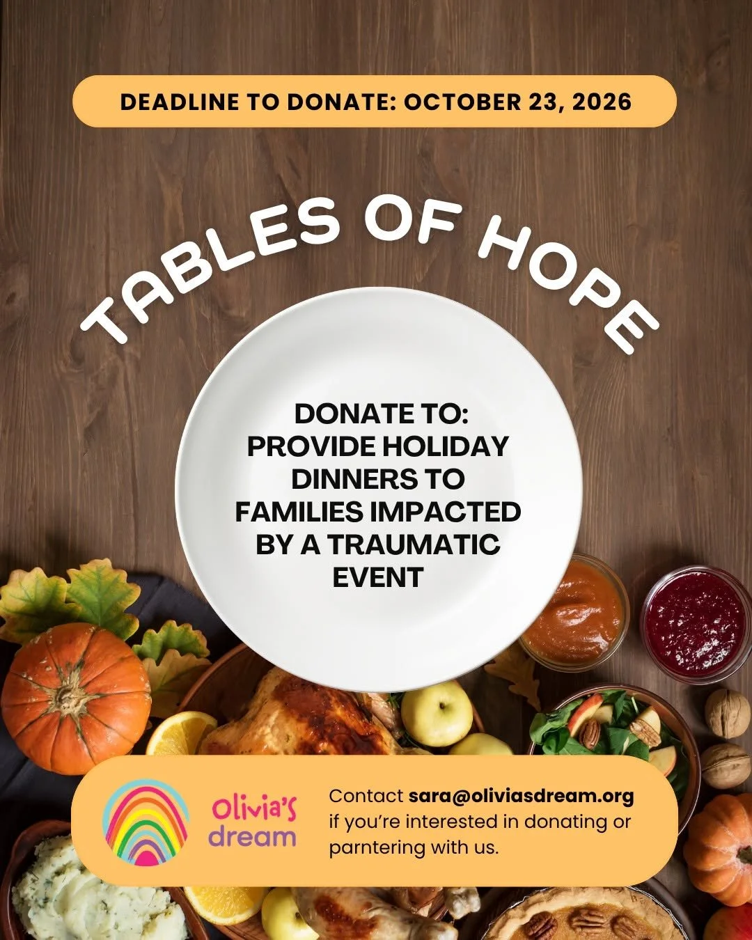 Olivia's Dream is raising funds to provide complete Thanksgiving dinners 🍽 (full turkey dinner and dessert) from Giant Eagle to families with children who have experienced a traumatic event. 

We're looking for clubs or organization interested in pa